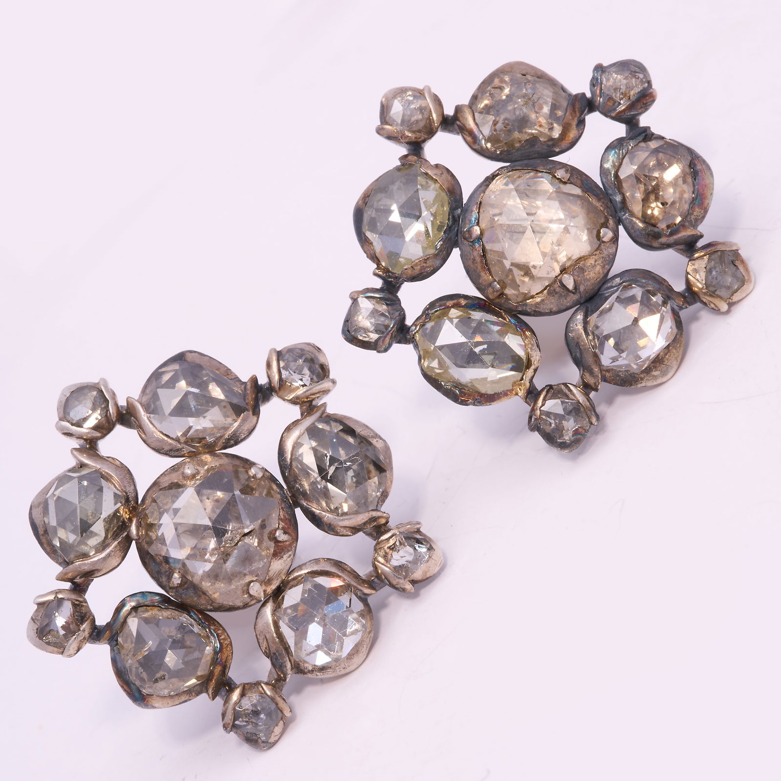 GEORGIAN ROSE CUT EARRINGS: GEORGIAN ROSE CUT EARRINGS 6.4 grams lively diamonds approx 3.20 ct in excellent condition 2 cm diameter
