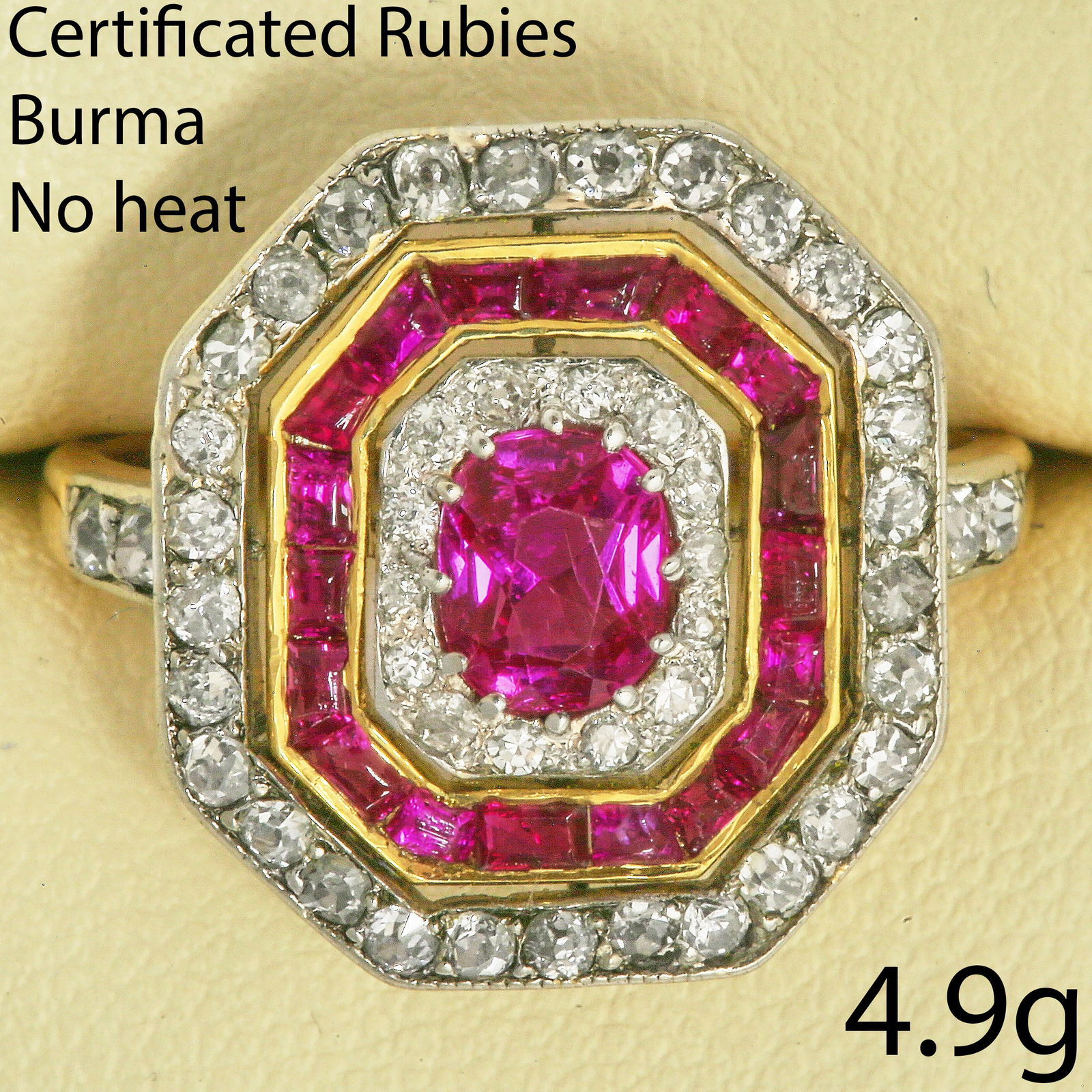 CERTIFICATED ART-DECO BURMA MOGOK RUBY AND DIAMOND CLUSTER RING: CERTIFICATED ART-DECO BURMA MOGOK RUBY AND DIAMOND CLUSTER RING,4,9 grams, testing high carat gold.Fine ruby of approx. 1 ct.Diamonds bright and lively.Head L. 1.9 cm.Size Q.See certificate.