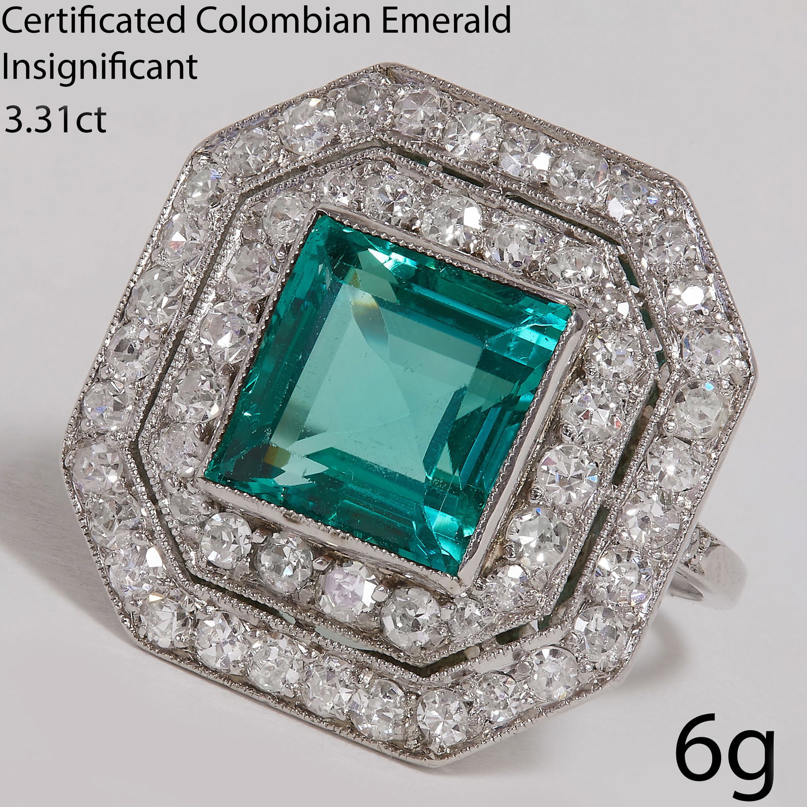 AN IMPORTANT CERTIFICATED COLOMBIAN INSIGNIFICANT EMERALD AND DIAMOND ART DECO CLUSTER RING (1 of 1)
