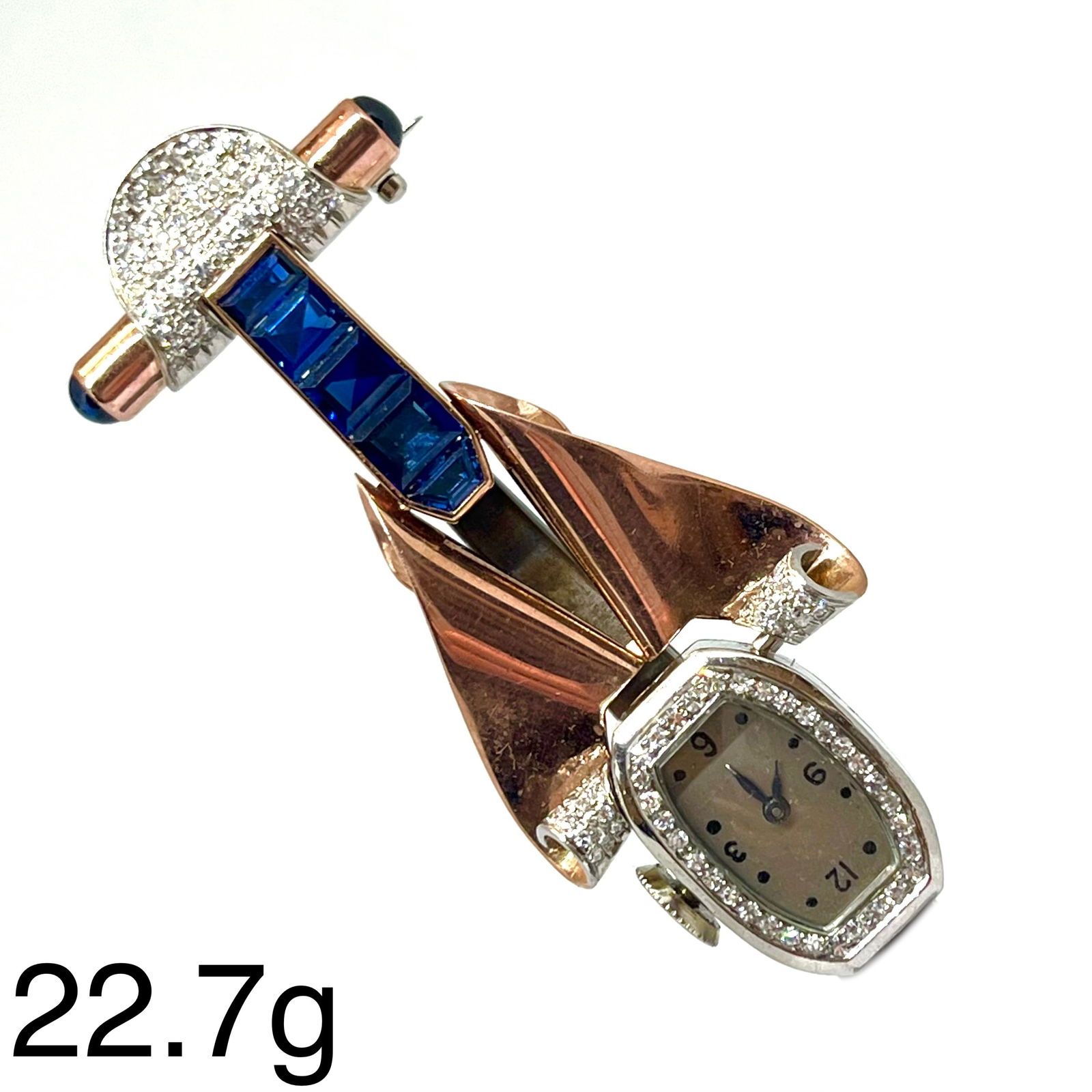 VINTAGE SAPPHIRE AND DIAMOND LAPEL WATCH: VINTAGE SAPPHIRE AND DIAMOND LAPEL WATCH 22.7 grams rich vibrant matching sapphires approx 4.50 ct bright lively diamonds fine craftsmanship L 6.9 cm
