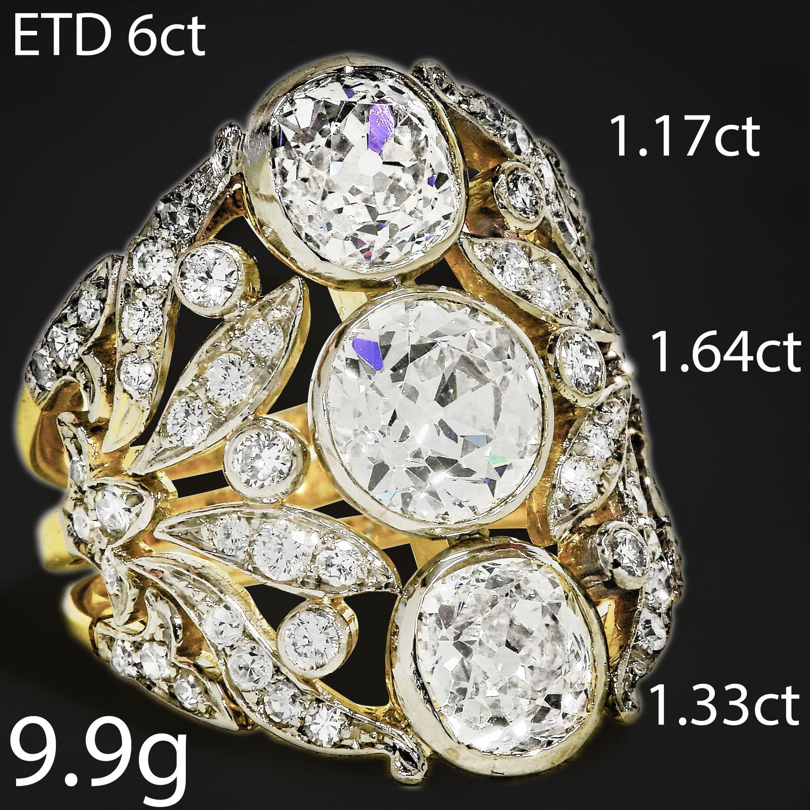 AN IMPRESSIVE ANTIQUE DIAMOND RING: AN IMPRESSIVE ANTIQUE DIAMOND RING,9.9 grams testing high carat gold and platinum Bright lively old cut diamonds principle stones approx., 1.64 ct., 1.33 ct. and 1.17 ct.Diamond totalling approx. 6 ct
