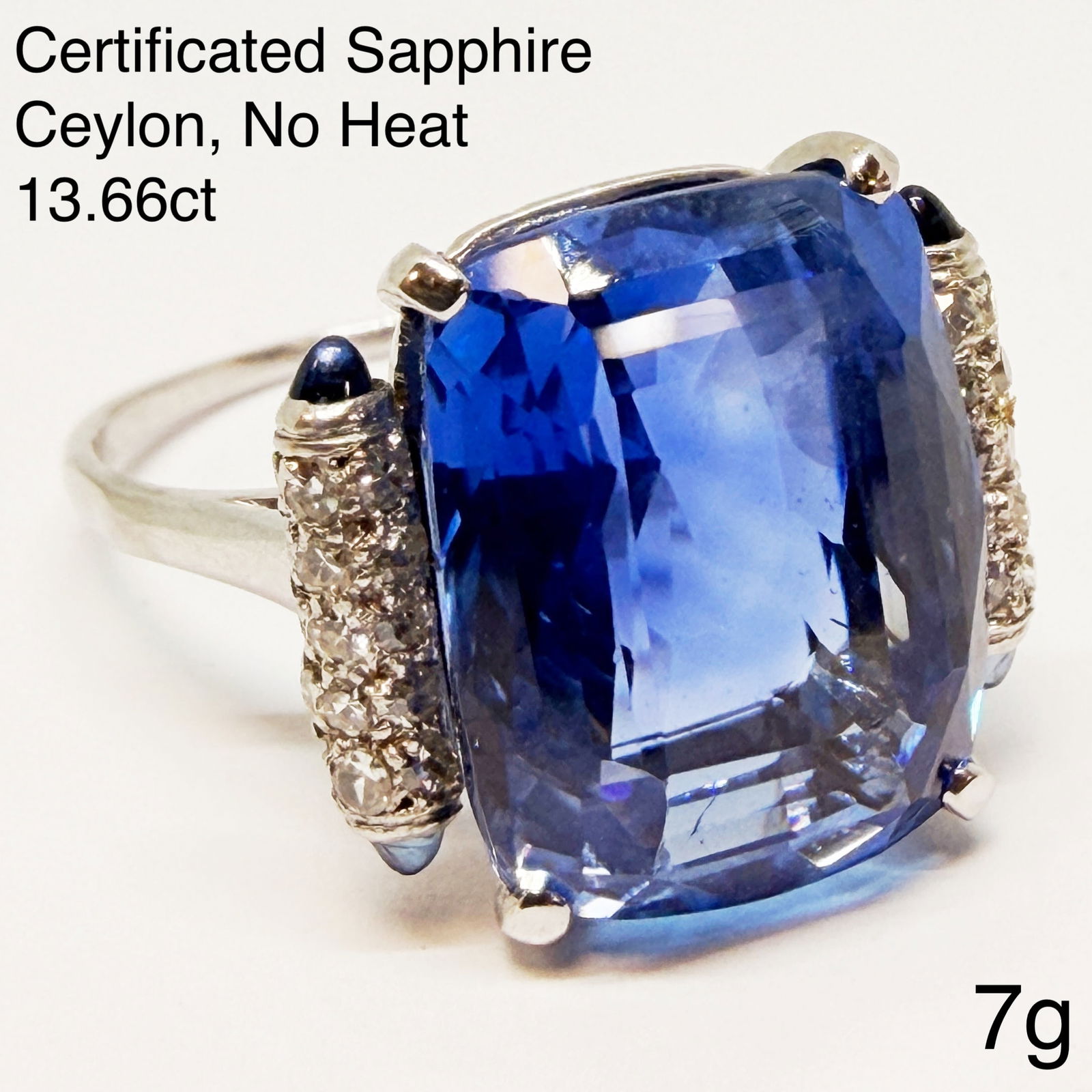 MAGNIFICENT CERTIFICATED CEYLON NO HEAT ART DECO SAPPHIRE AND DIAMOND RING: MAGNIFICENT CERTIFICATED CEYLON NO HEAT ART DECO SAPPHIRE AND DIAMOND RING 7 grams platinum rich vibrant sapphire with no abrasions approx 13.66 ct bright lively diamonds size O in Garrard box for cer