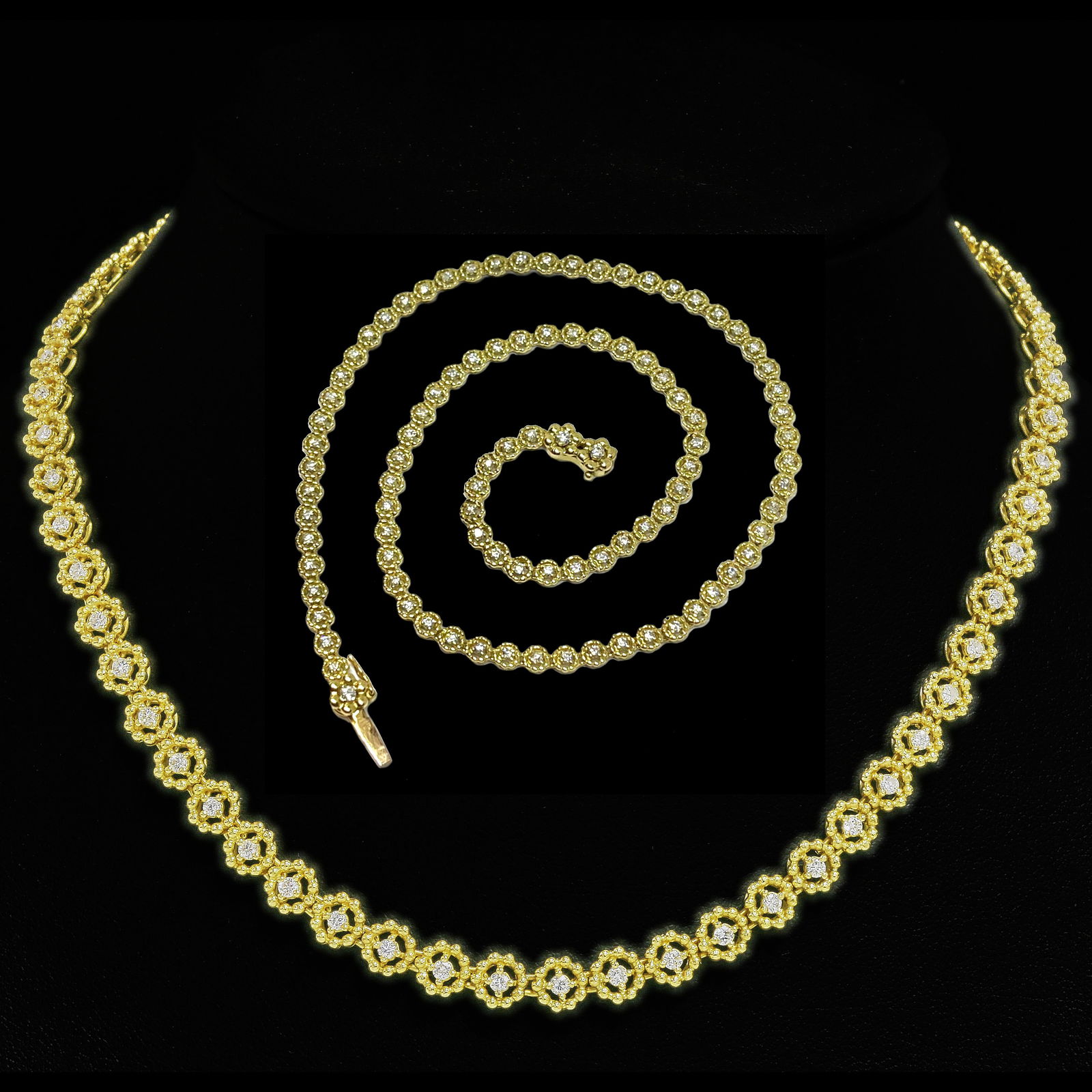 DIAMOND LINE NECKLACE: DIAMOND LINE NECKLACE,25,7 grams, testing high carat gold.Diamonds bright and lively.L. 46.5 grams.