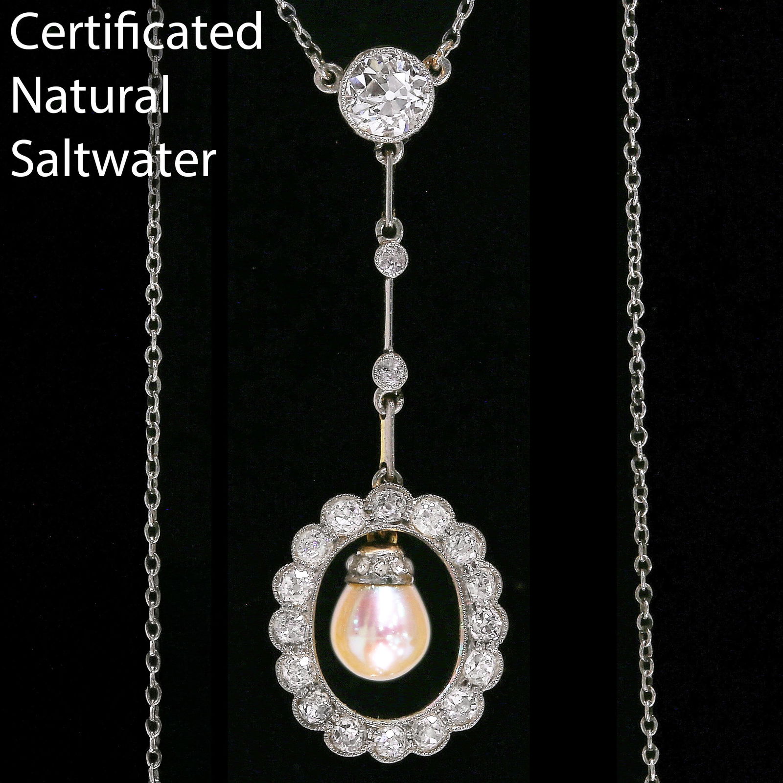 CERTIFICATED EDWARDIAN DIAMOND AND NATURAL SALTWATER PENDANT NECKLACE: CERTIFICATED EDWARDIAN DIAMOND AND NATURAL SALTWATER PENDANT NECKLACE 7.1 grams platinum and gold natural saltwater pearl bright lively diamonds appox 2.35 ct fitted box fine craftsmanship for