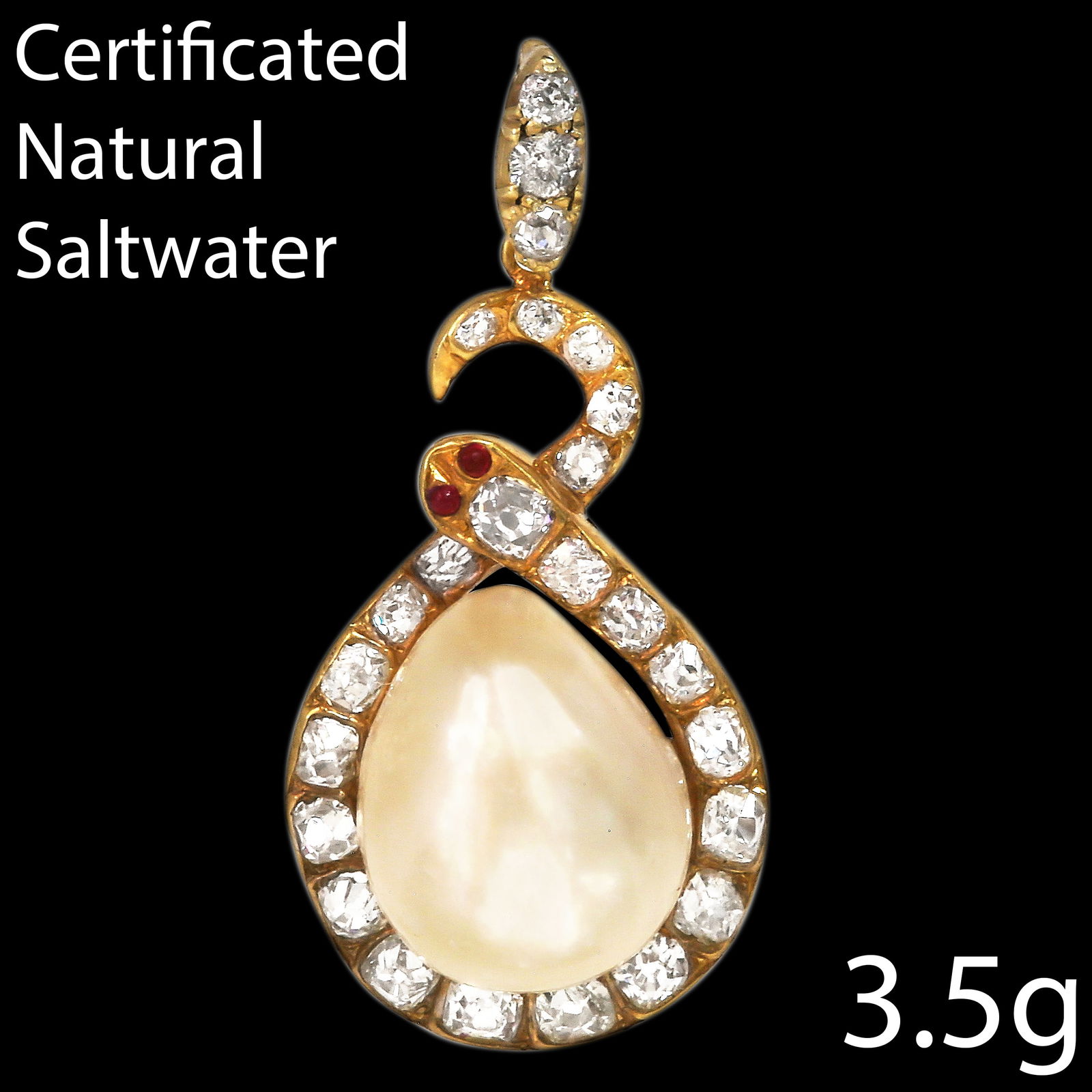 CERTIFICATED NATURAL SALTWATER PEARL AND DIAMOND SNAKE PENDANT: CERTIFICATED NATURAL SALTWATER PEARL AND DIAMOND SNAKE PENDANT,3.5 grams, testing high carat gold.The large pearl of approx. 12.22 x 9.98 x 9.72 mm. (Certificated, Natural Saltwater).With snake coiled