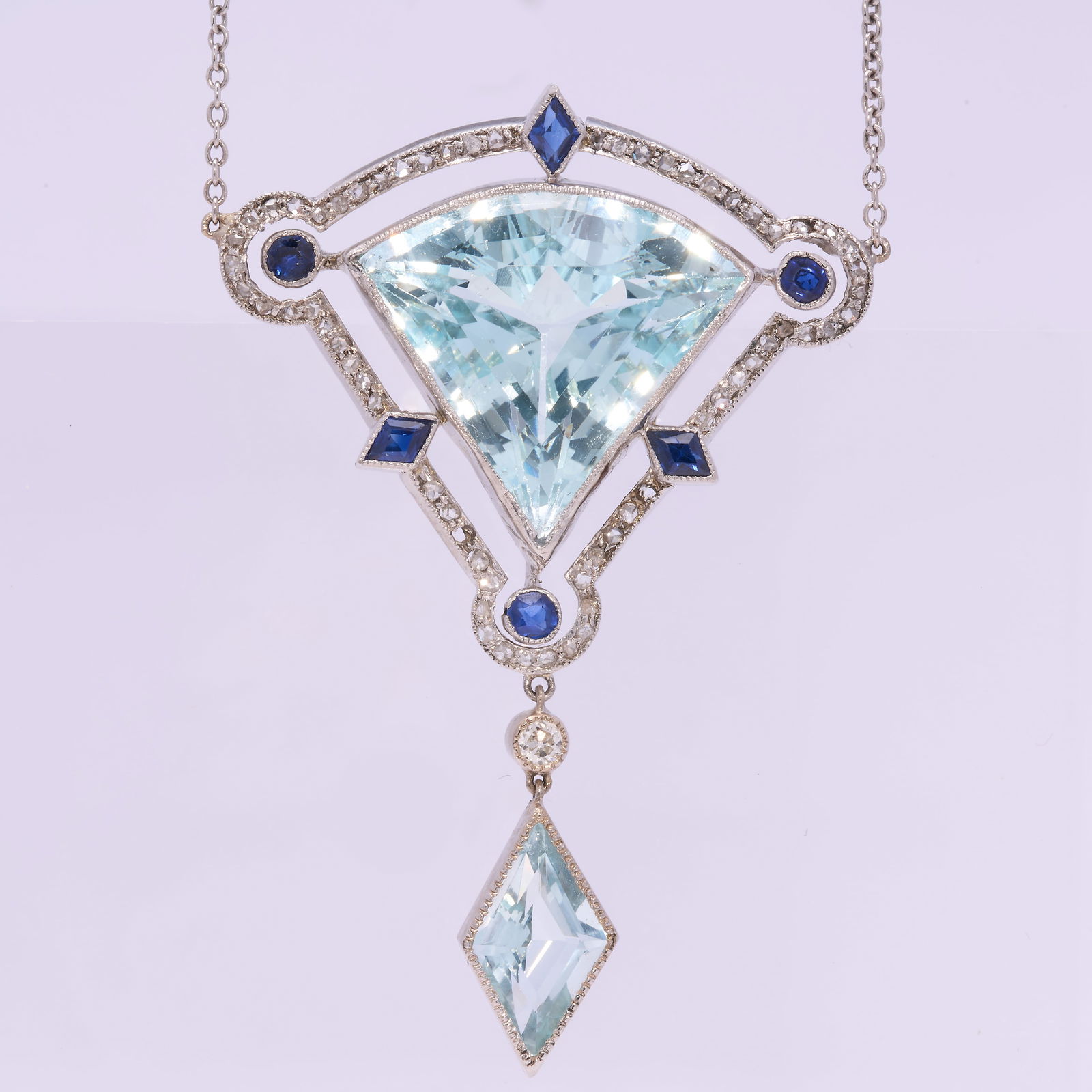AQUAMARINE, DIAMOND AND SAPPHIRE PENDANT NECKLACE (1 of 1)