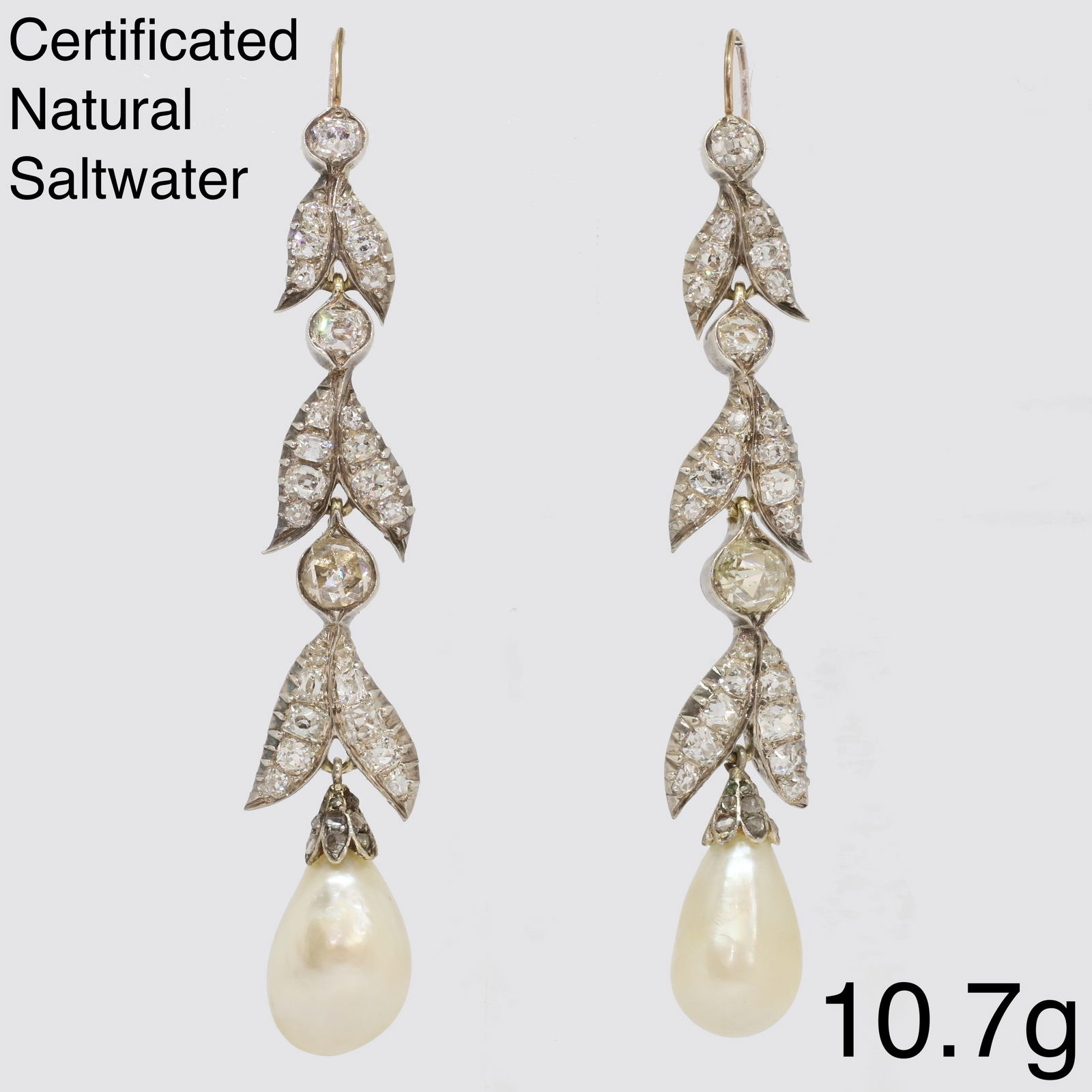 PAIR OF FANTASTIC VICTORIAN CERTIFICATED NATURAL SALTWATER PEARL AND DIAMOND EARRINGS: PAIR OF FANTASTIC VICTORIAN CERTIFICATED NATURAL SALTWATER PEARL AND DIAMOND EARRINGS,10.7 grams.The pearls of approx. 14.62 and 14.62 mm. (Certificated, Natural, Saltwater).Lovely rose and old cut