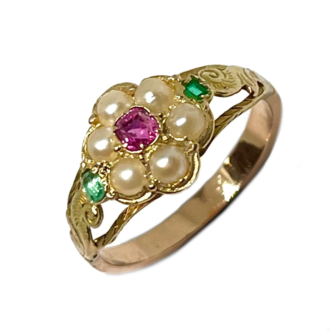 GEORGIAN RUBY PEARL AND EMERALD CLUSTER RING: GEORGIAN RUBY PEARL AND EMERALD CLUSTER RING,testing high carat gold.Vibrant ruby. Well matched pearls.Size K 1/2.