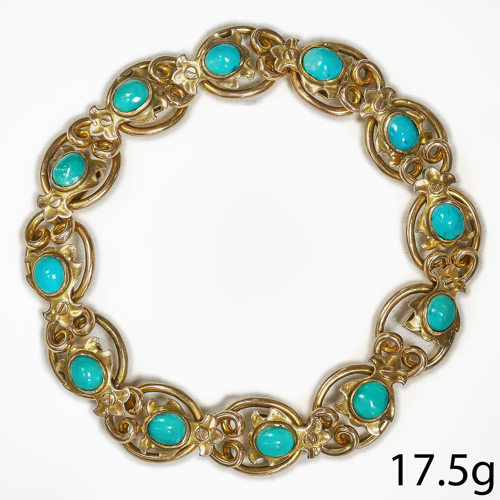 ANTIQUE TURQUOISE GOLD BRACELET: ANTIQUE TURQUOISE GOLD BRACELET,17.5 grams.Set with turquoise.The links can all stretch out to adjust the length of the bracelet.L. 18 cm.