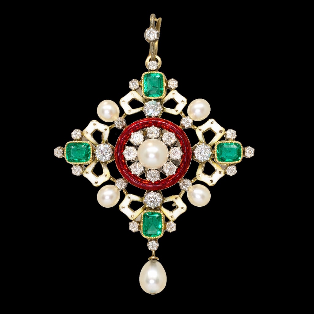 FINE ETRUSCAN REVIVAL PEARL, EMERALD DIAMOND AND ENAMEL PENDANT: FINE ETRUSCAN REVIVAL PEARL, EMERALD DIAMOND AND ENAMEL PENDANT,10.3 grams, testing high carat gold.Lovely matching pearls.Rich and vibrant emeralds.Diamonds bright and lively.,Red and white enamel.L.