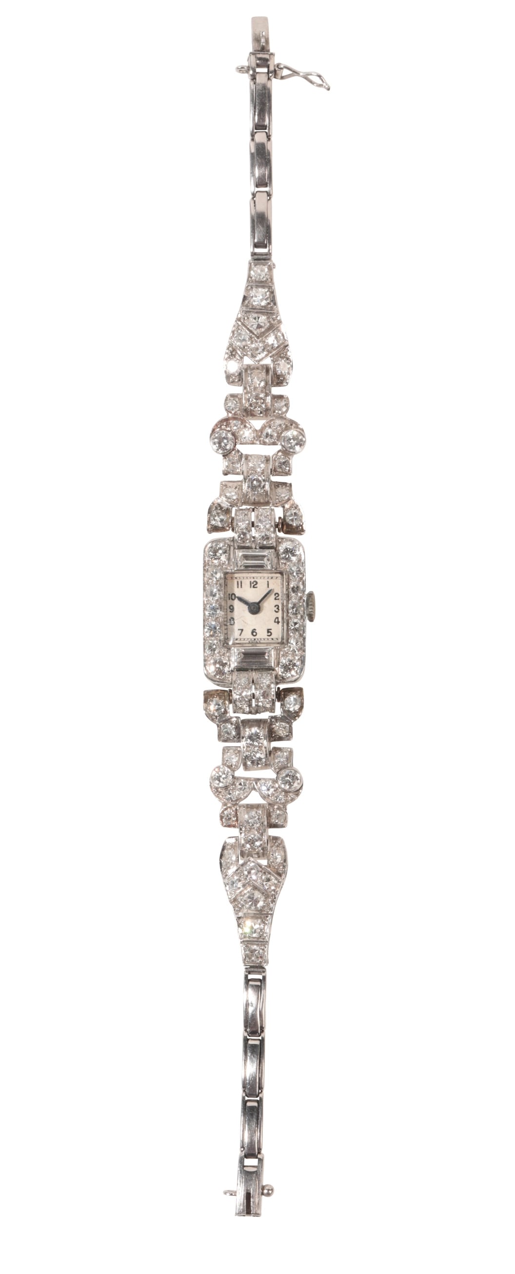 ART DECO DIAMOND WATCH: ART DECO DIAMOND WATCH 30.7 grams platinum bright lively diamonds approx 4 ct in great condition L 17 cm