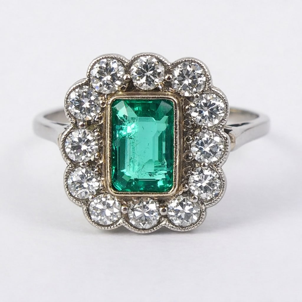 EMERALD AND DIAMOND CLUSTER RING: EMERALD AND DIAMOND CLUSTER RING,3,5 grams, testing platinum.Rich and vibrant emerald of approx. 0.80 ct.Diamonds bright and lively, totalling approx. 0.85 ct.Size L 1/2.