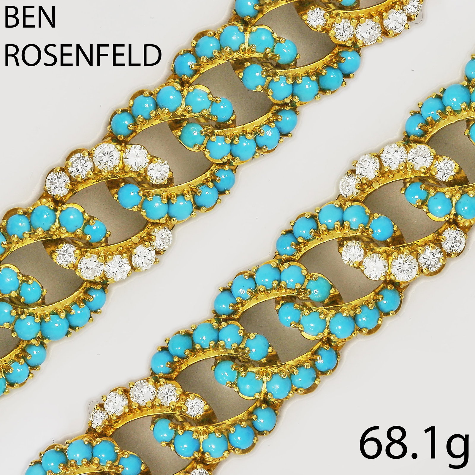 BEN ROSENFELD, TURQUOISE AND DIAMOND BRACELET: BEN ROSENFELD, TURQUOISE AND DIAMOND BRACELET,68.1 grams, 18 ct. gold.The links of entwined design set with rich and vibrant turquoise.Accentuated with 3 diamond set links, totalling approx. 3.50 ct.S