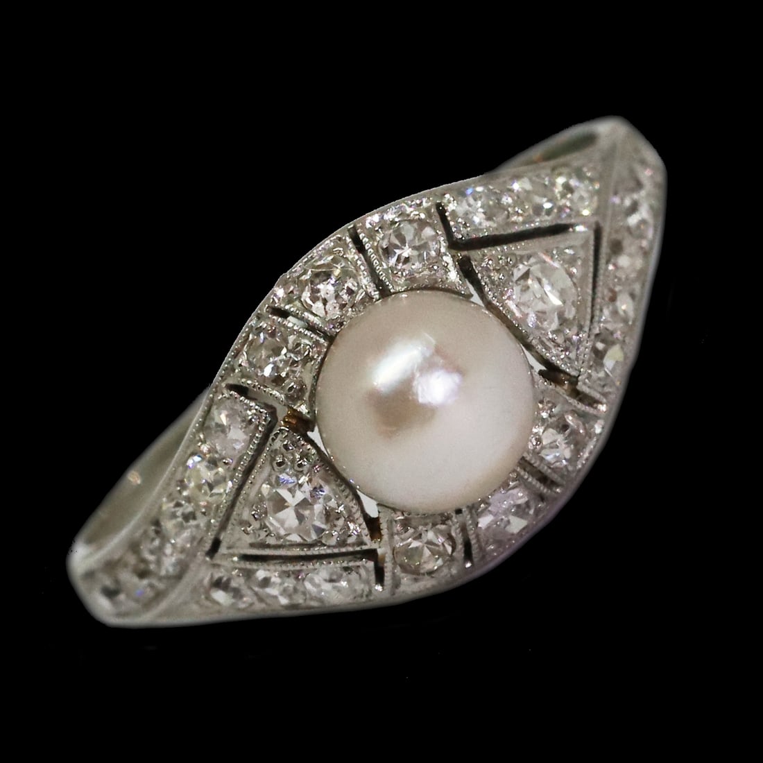 FINE ART-DECO PEARL AND DIAMOND RING: FINE ART-DECO PEARL AND DIAMOND RING,Testing high carat gold.Lovely pearl with good lustre (untested).Diamonds bright and lively.Size O.