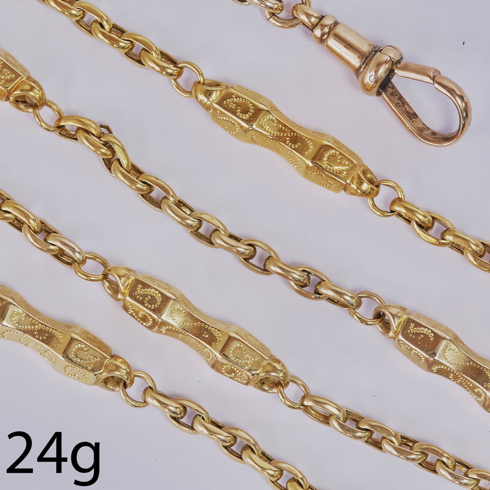 ANTIQUE GOLD GUARD CHAIN: ANTIQUE GOLD GUARD CHAIN 24 grams L 87 cm