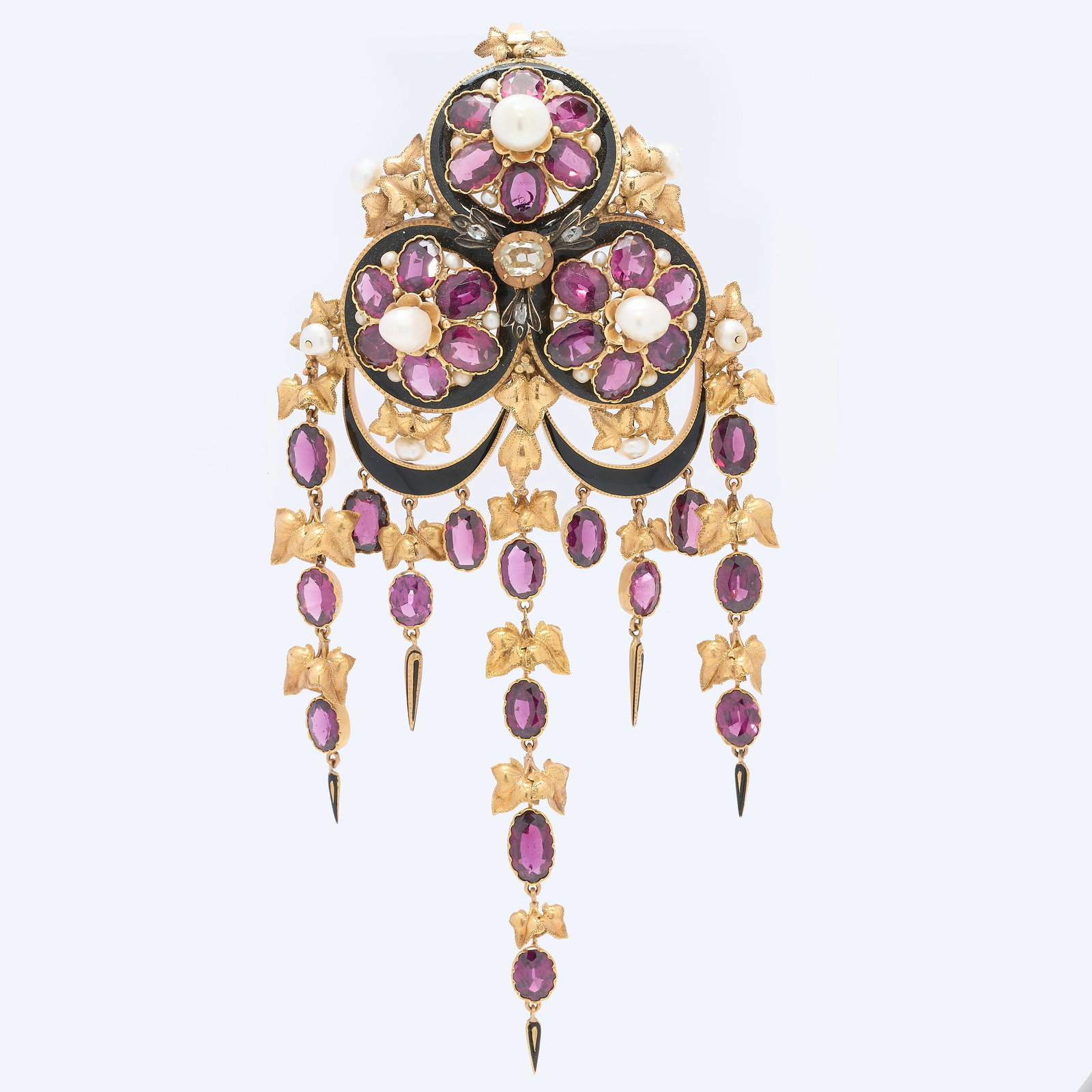 MAGNIFICENT VICTORIAN GARNET, NATURAL SALTWATER PEARLS AND DIAMOND BROOCH PENDANT: MAGNIFICENT VICTORIAN GARNET, NATURAL SALTWATER PEARLS AND DIAMOND BROOCH PENDANT 46.2 grams high carat gold vibrant garnets, lively diamonds matching pearls fine craftsmanship enamel in great conditi