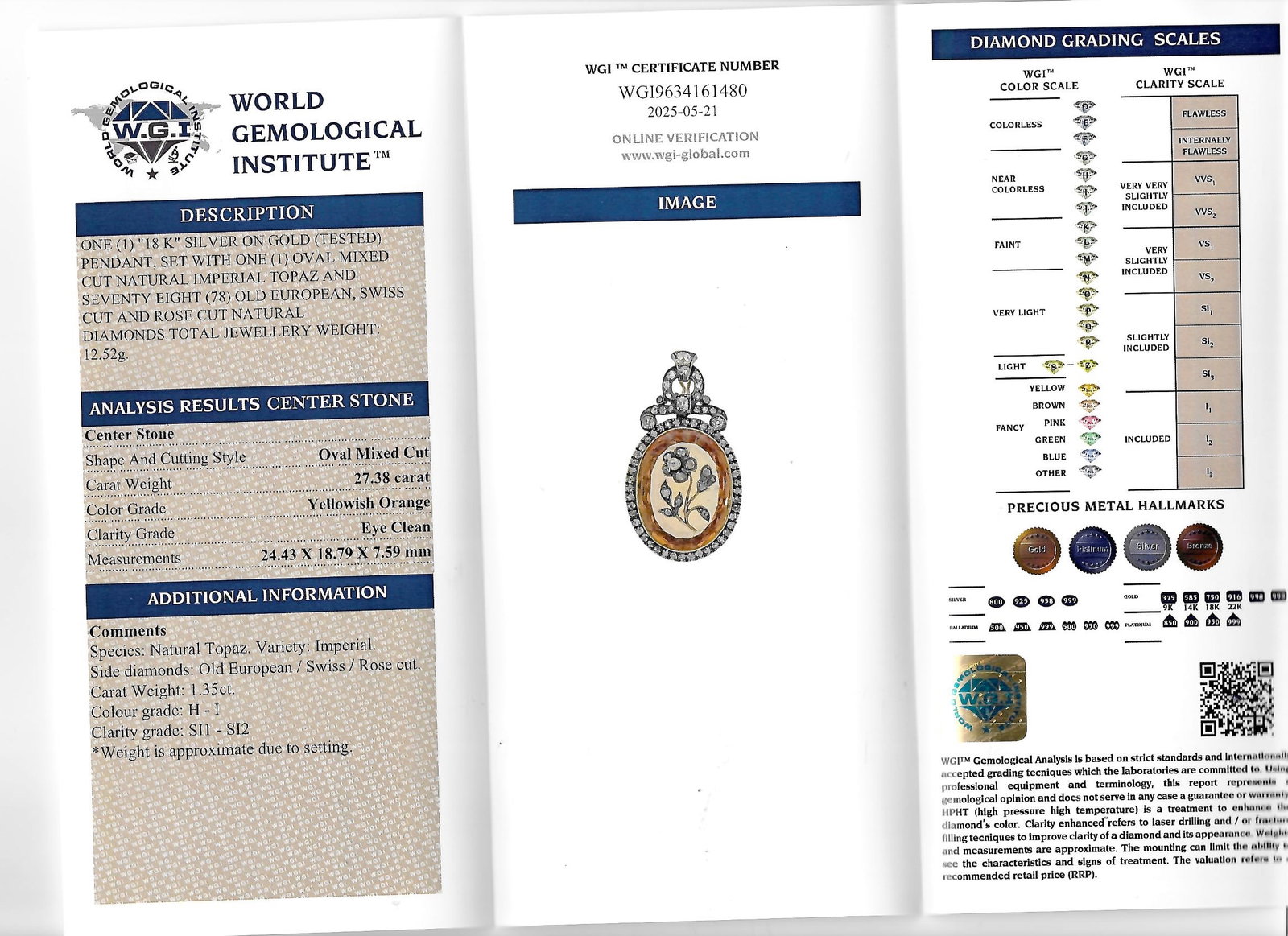 VICTORIAN CERTIFICATED IMPERIAL TOPAZ AND DIAMOND PENDANT: VICTORIAN CERTIFICATED IMPERIAL TOPAZ AND DIAMOND PENDANT 10.8 gramsAn exquisite Victorian-era pendant showcasing a certified natural imperial topaz of rich golden-orange hue, finely cut in an oval sh