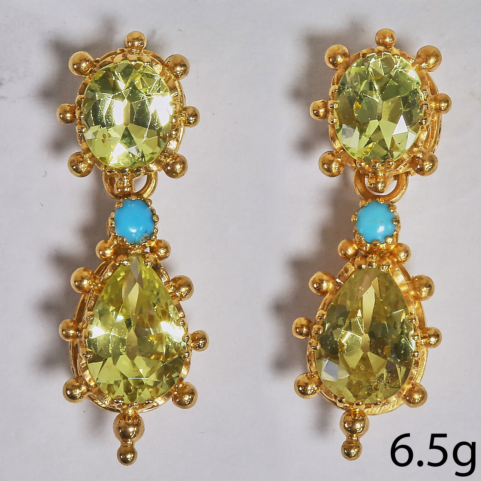 FROM THE EARLY 1800'S PAIR OF CHRYSOBERYL AND TURQUOISE EARRINGS: FROM THE EARLY 1800'S PAIR OF CHRYSOBERYL AND TURQUOISE EARRINGS 6.5 grams high carat gold rich vibrant chrysoberyl, approx 5 ct matching turquoise L 2.8 cm