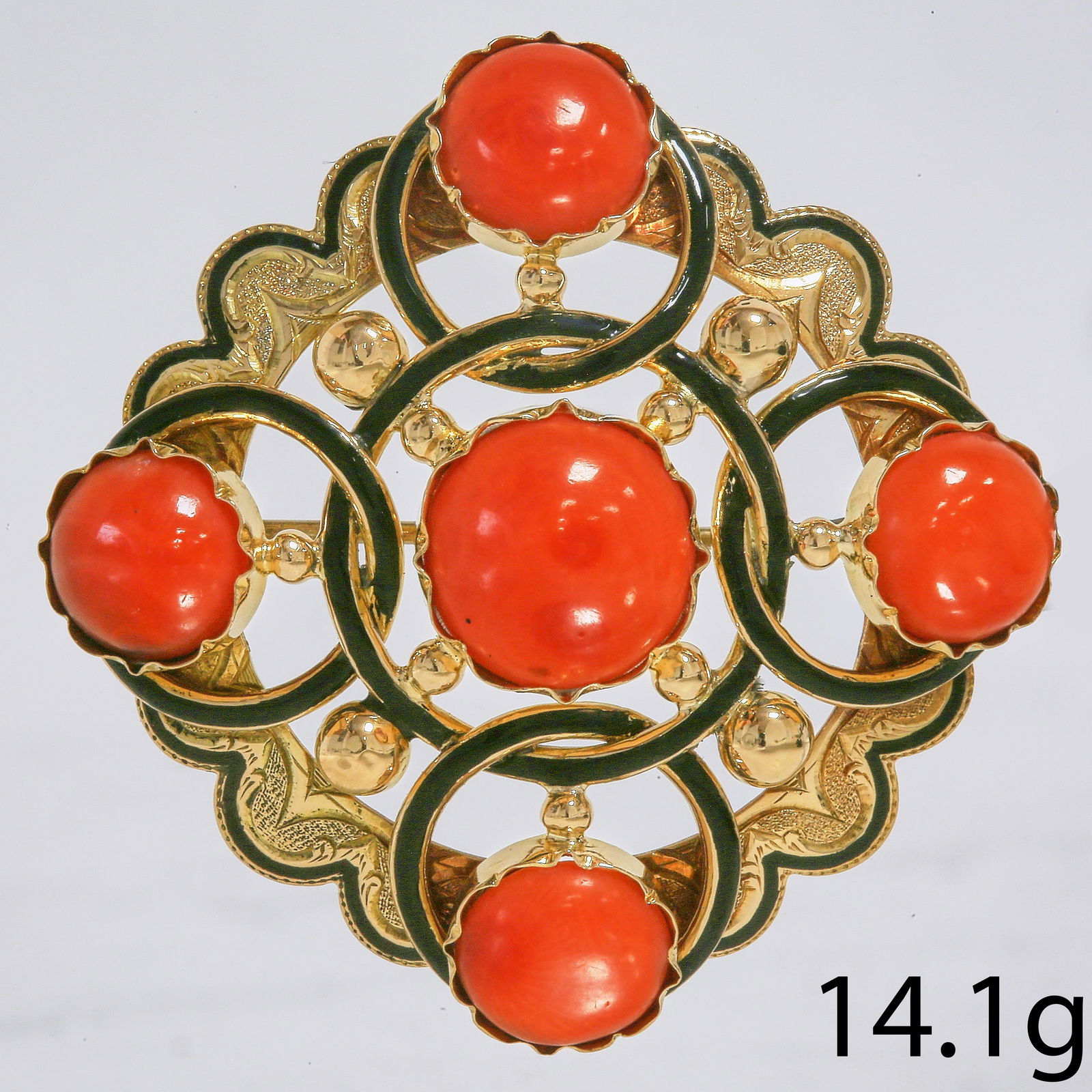 VICTORIAN CORAL AND ENAMEL BROOCH: VICTORIAN CORAL AND ENAMEL BROOCH,14.3 grams, testing high carat gold.Vibrant corals, largest of approx. 11.1 mm.W. 4.3 cm.