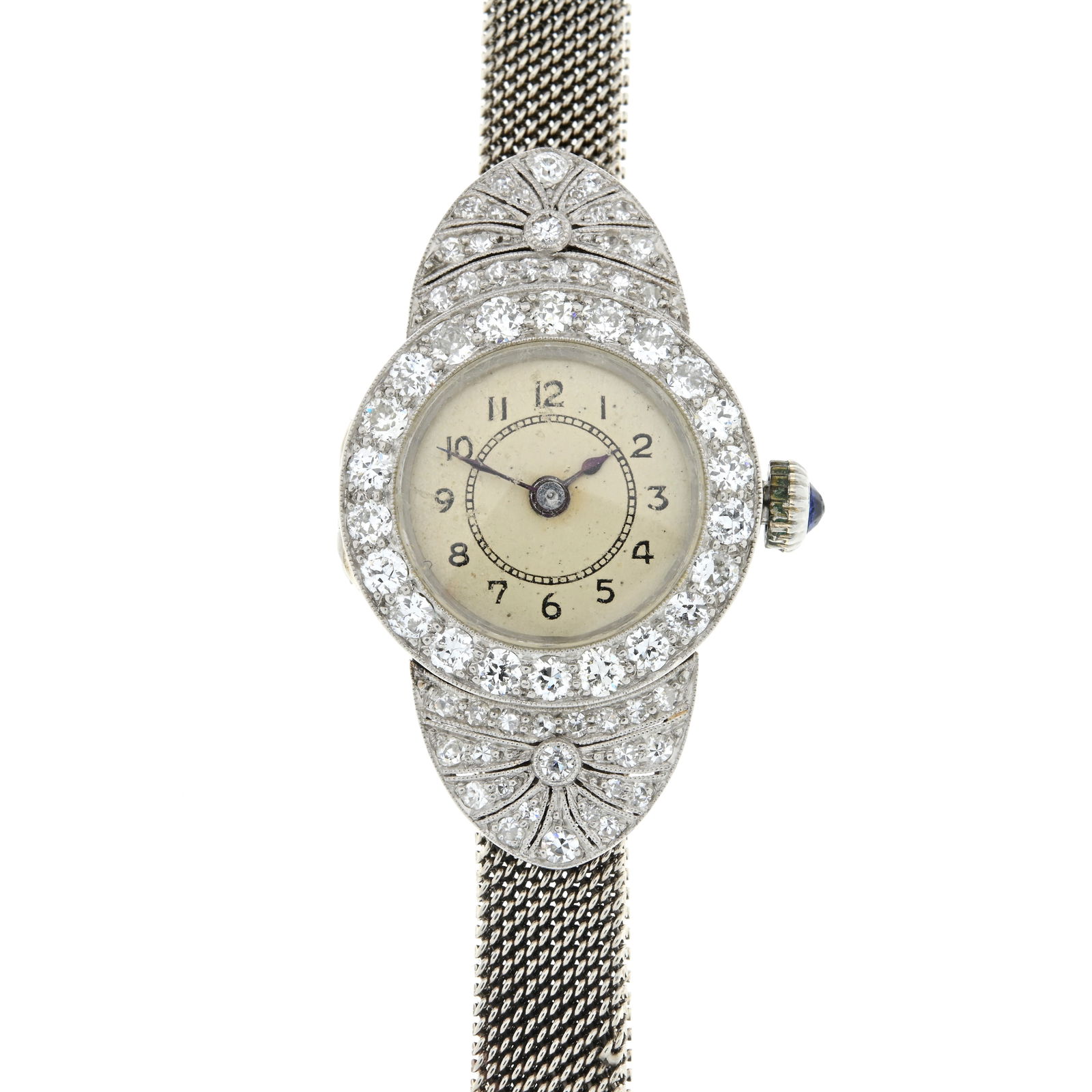 ART-DECO PLATINUM AND DIAMOND WATCH: ART-DECO PLATINUM AND DIAMOND WATCH,18.3 grams.Diamonds bright and lively.Manual winding.Mesh link adjustable strap.