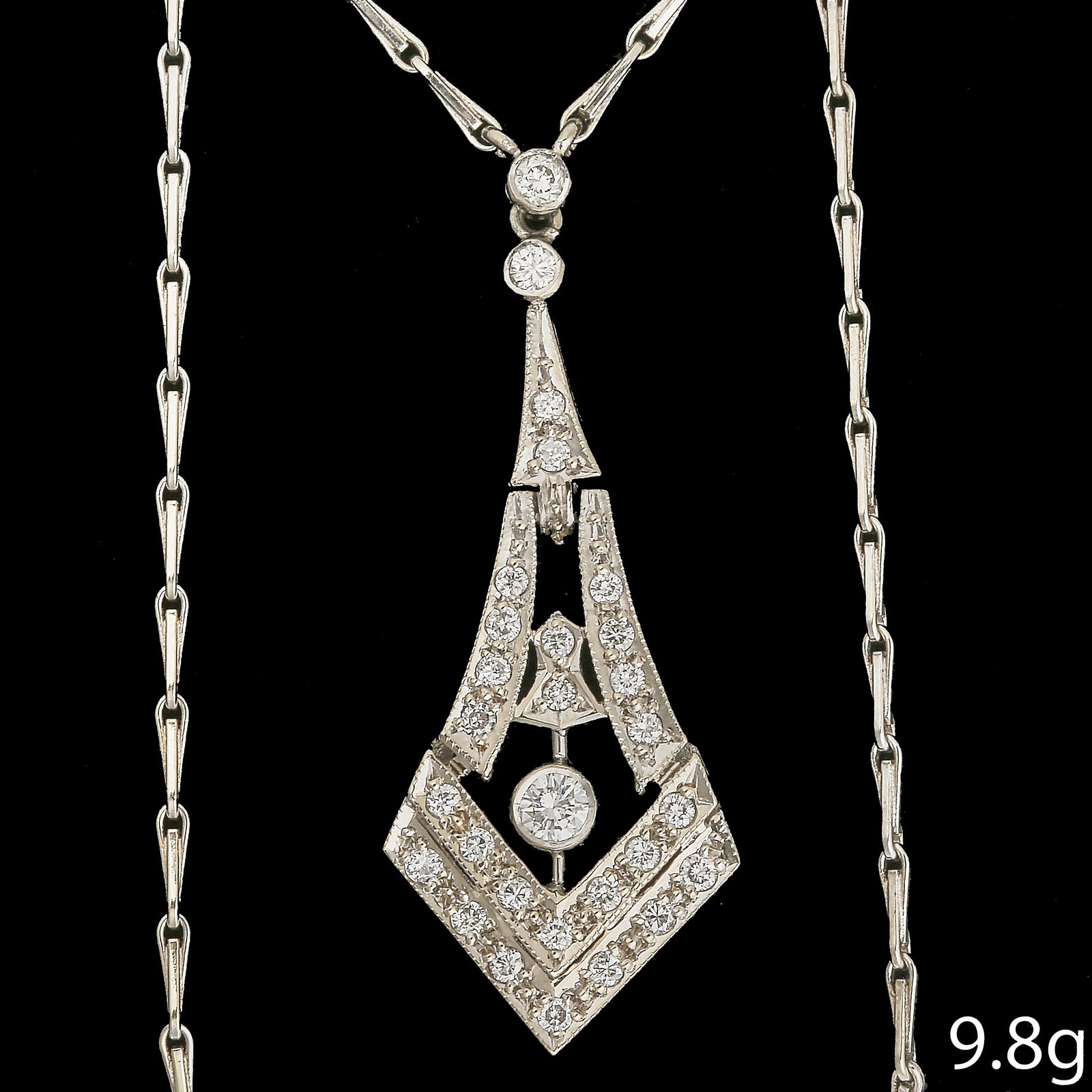 ART DECO DIAMOND PENDANT NECKLACE: ART DECO DIAMOND PENDANT NECKLACE 9.8 grams platinum bright lively diamonds great condition pendant L 3.9 cm chain L 50 cm