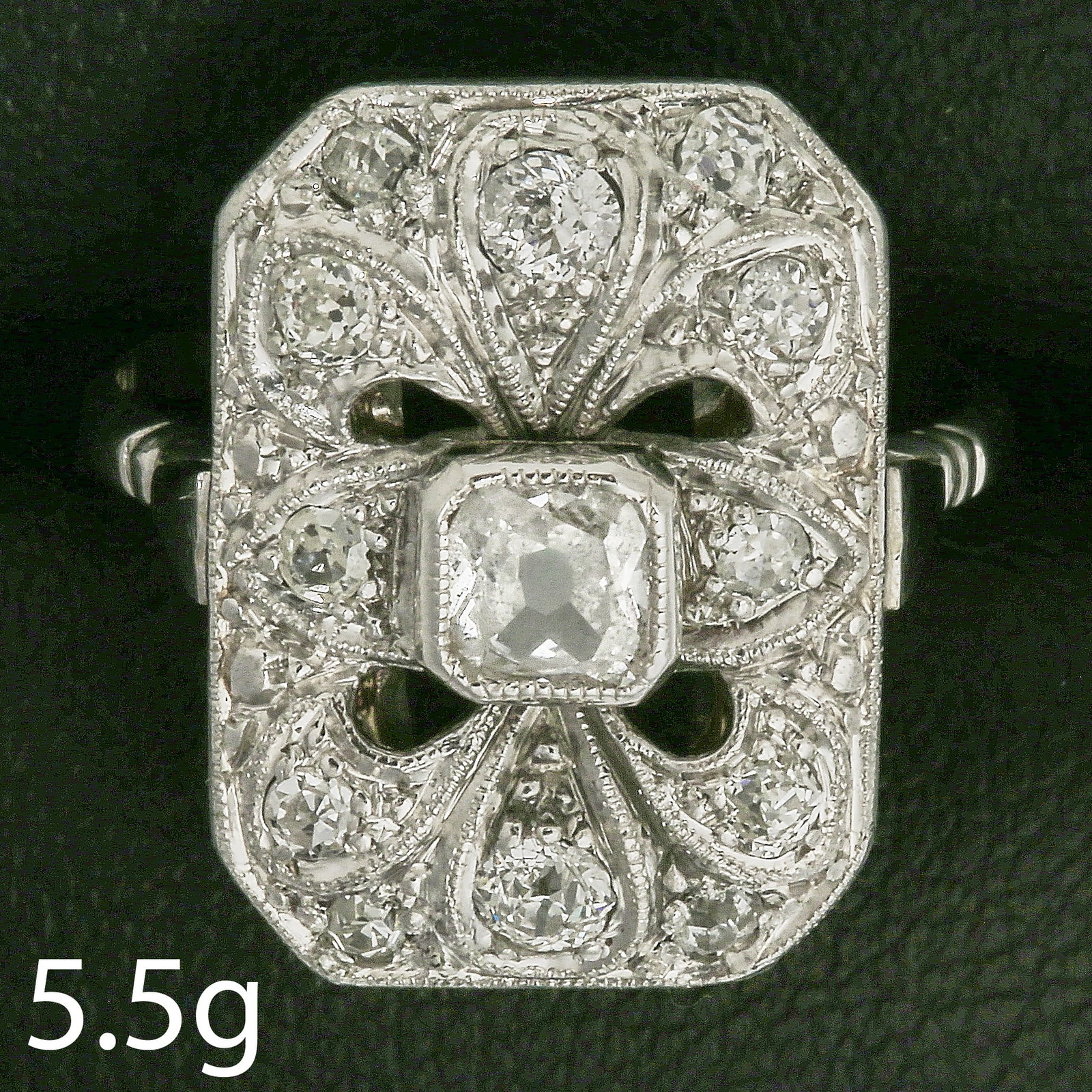 ART DECO DIAMOND PANEL RING: ART DECO DIAMOND PANEL RING 5.5 grams, marked platinum. Bright and lively diamonds. Size N 1/2.