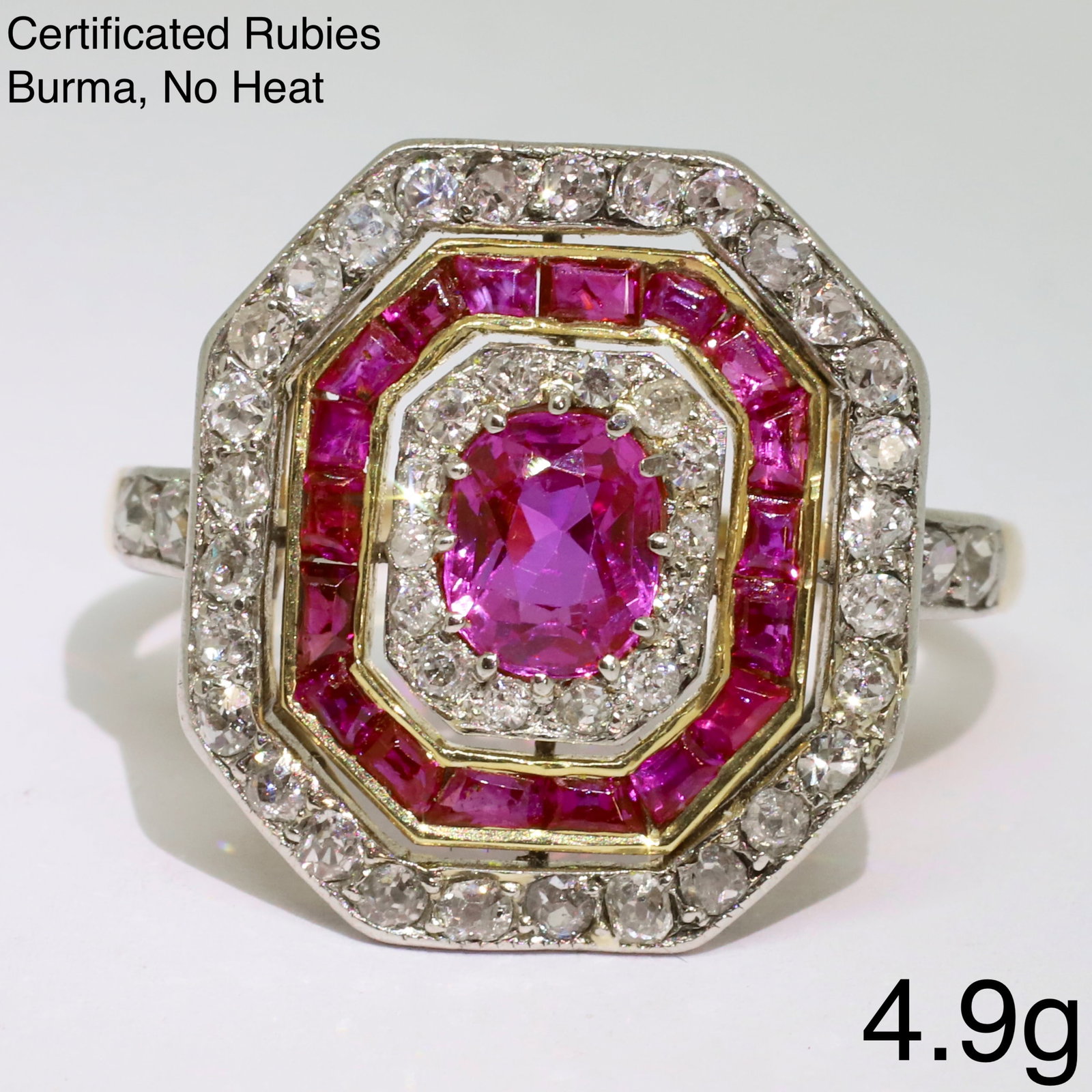 CERTIFICATED ART-DECO BURMA MOGOK RUBY AND DIAMOND CLUSTER RING (1 of 1)