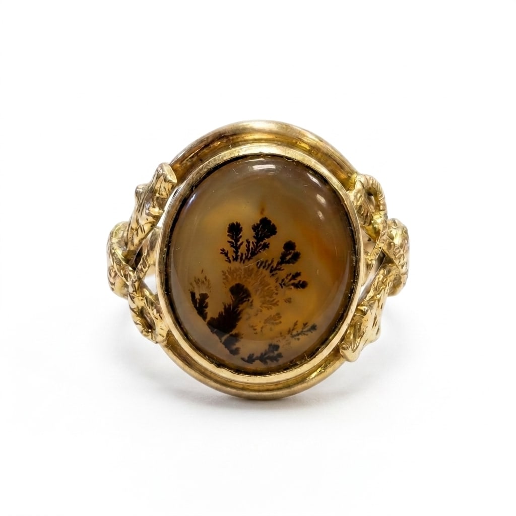 GEORGIAN DENDRITIC AGATE RING: GEORGIAN DENDRITIC AGATE RING,4 grams, testing high carat gold.Lovely dendritic agate.Size L 1/2