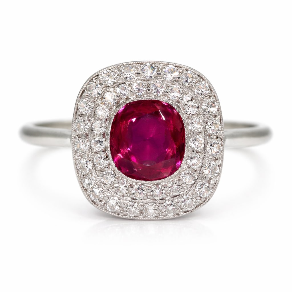 FINE CERTIFICATED BURMA NO HEAT RUBY AND DIAMOND CLUSTER RING: FINE CERTIFICATED BURMA NO HEAT RUBY AND DIAMOND CLUSTER RING,Testing high carat gold.Rich and vibrant ruby of 1.03 ct. (Certificated, Burma 'Mogok', No Heat).Diamonds bright and lively.Size O 1/2.See