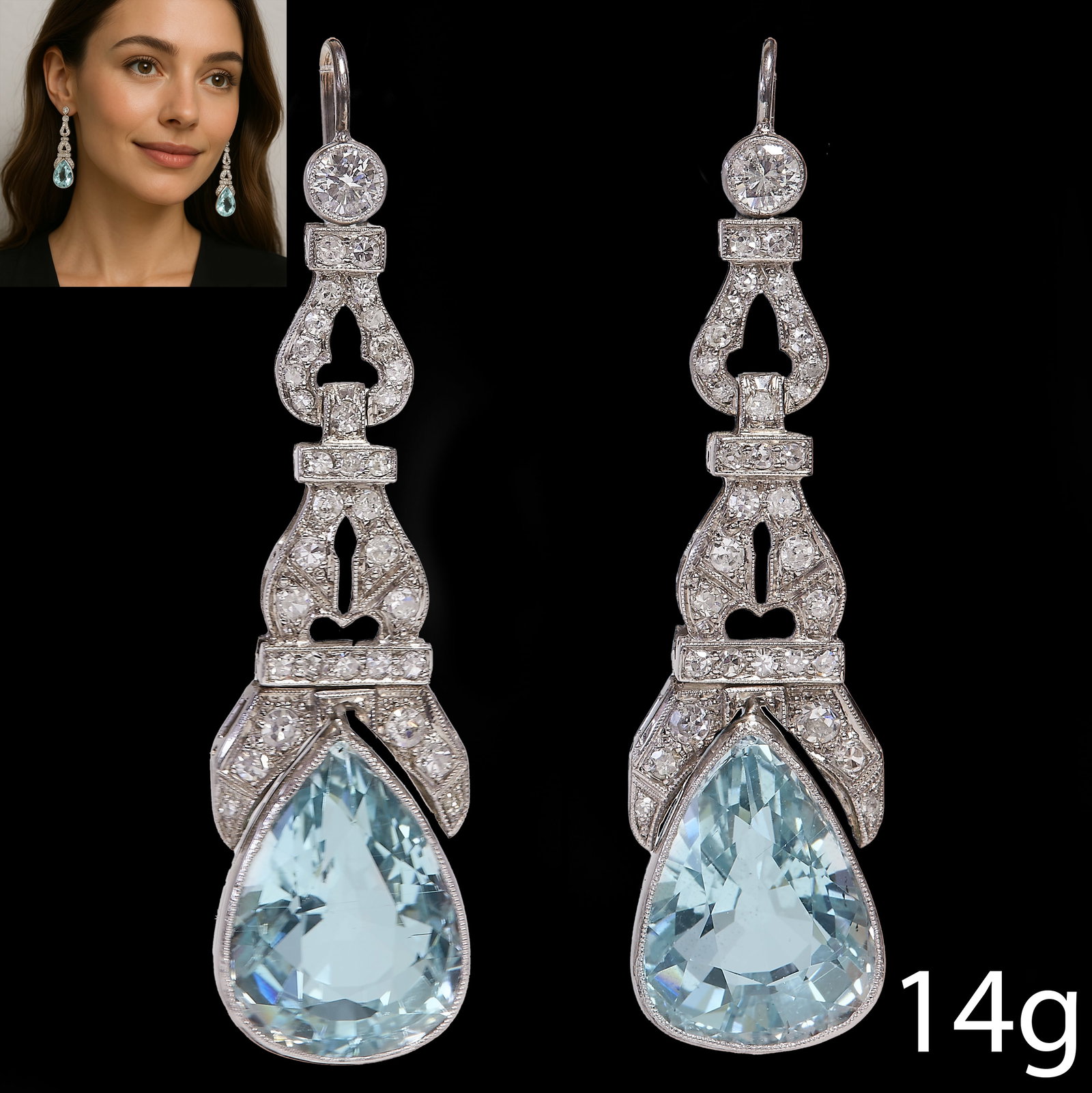 IMPRESSIVE ART DECO AQUAMARINE AND DIAMOND EARRINGS: IMPRESSIVE ART DECO AQUAMARINE AND DIAMOND EARRINGS 14 grams. Platinum vibrants aquamarines with no abrasions totalling approx 19.30 ct.Diamonds bright and lively. L 5.4 cm