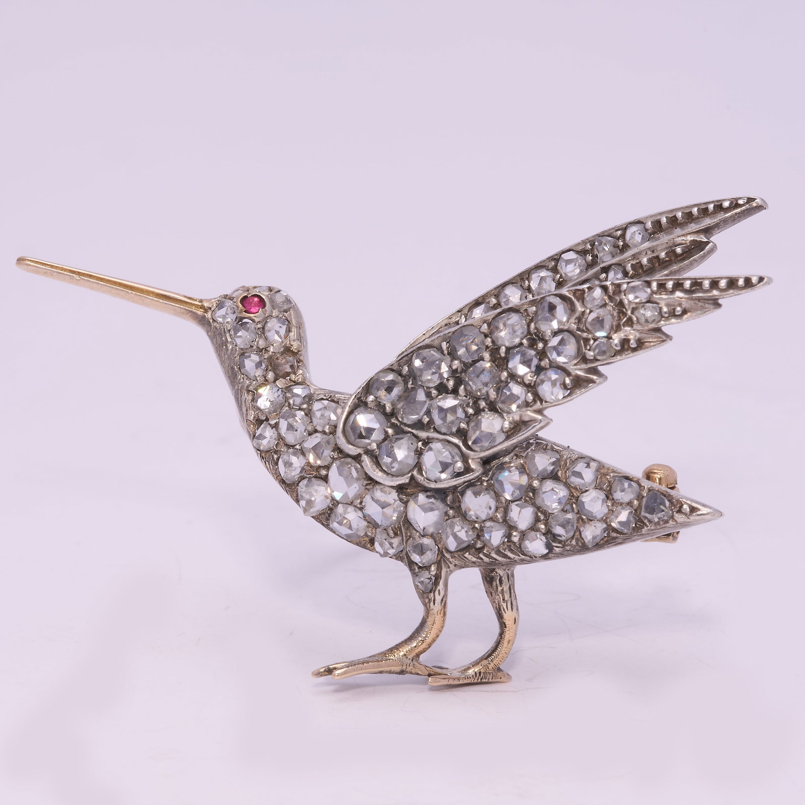 VICTORIAN DIAMOND BIRD BROOCH: VICTORIAN DIAMOND BIRD BROOCH 6.4 grams lively diamonds, with ruby eyefine craftsmanshipL 3 cm W 4.1 cm