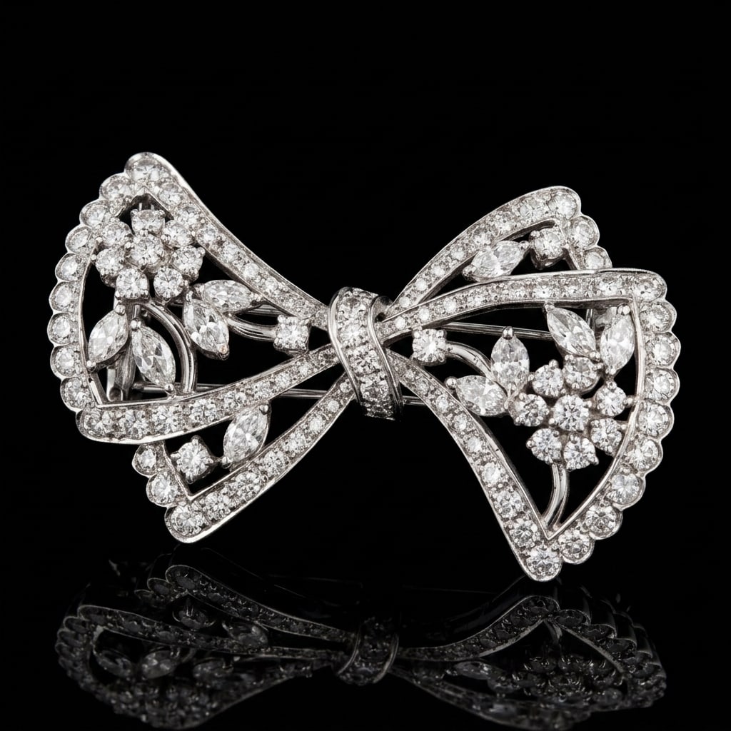 EDWARDIAN DIAMOND BOW BROOCH: EDWARDIAN DIAMOND BOW BROOCH17.1g, testing platinum. Bright and lively diamonds, totalling approx. 5.73 ct.W. approx. 5 cm.