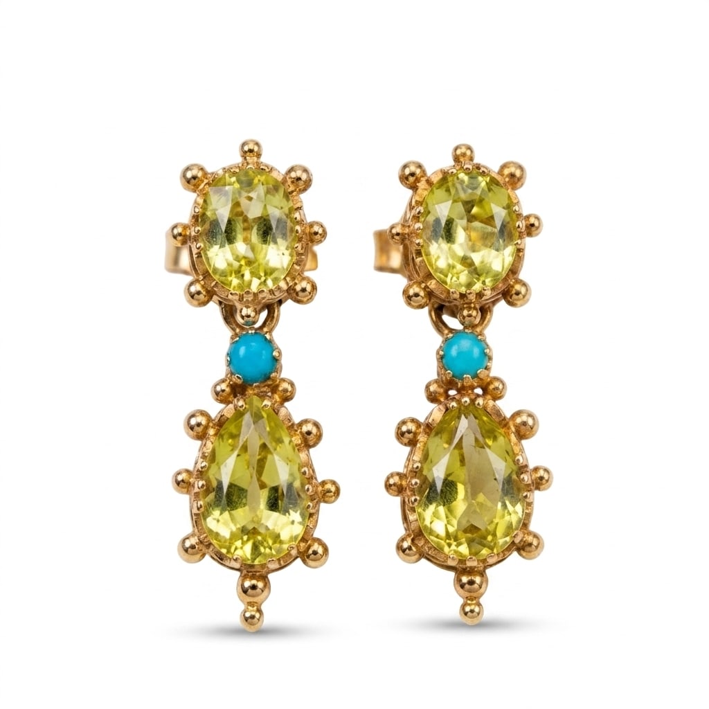 FROM THE EARLY 1800'S PAIR OF CHRYSOBERYL AND TURQUOISE EARRINGS: FROM THE EARLY 1800'S PAIR OF CHRYSOBERYL AND TURQUOISE EARRINGS 6.5 grams high carat gold rich vibrant chrysoberyl, approx 5 ct matching turquoise L 2.8 cm
