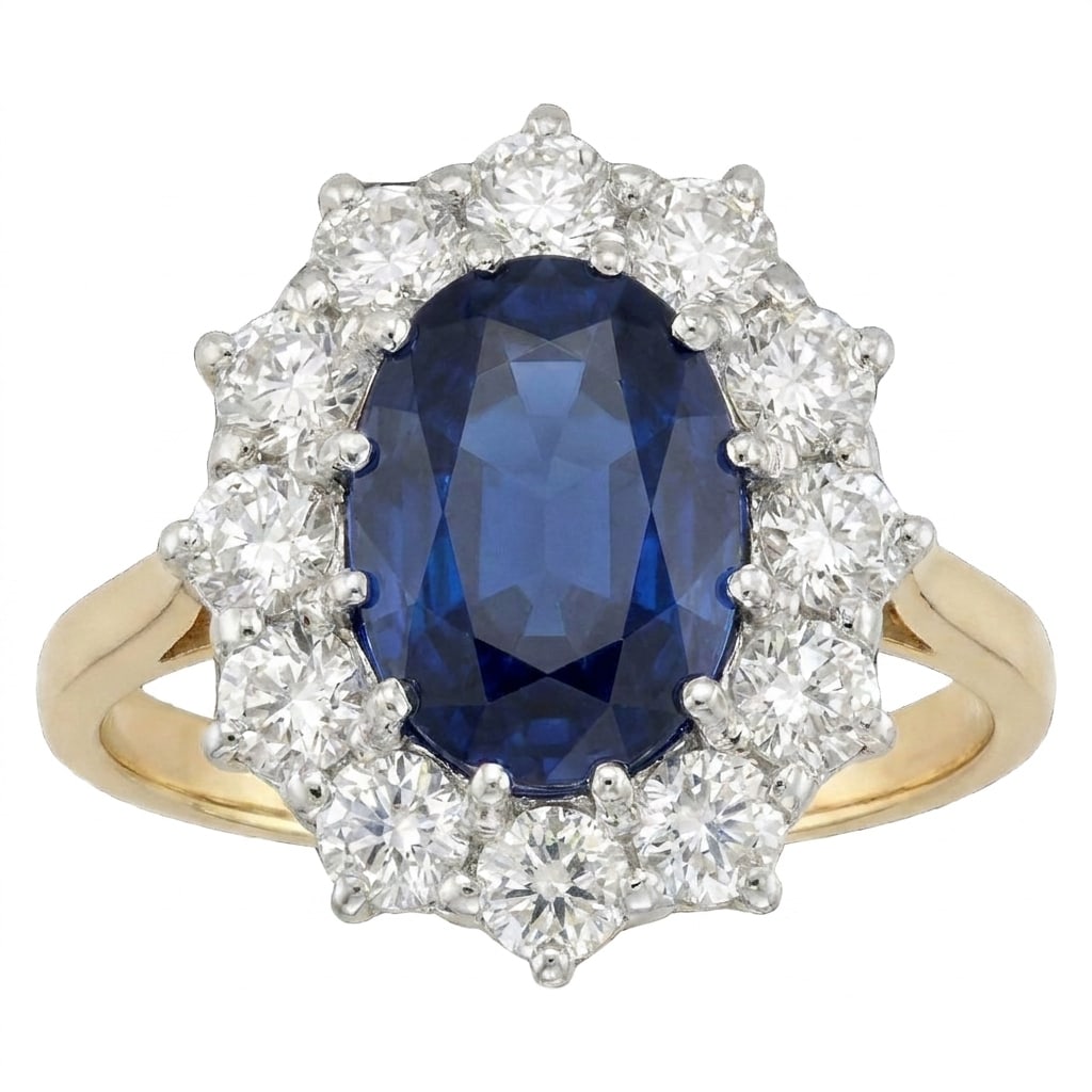 SAPPHIRE AND DIAMOND CLUSTER RING: SAPPHIRE AND DIAMOND CLUSTER RING,4.6 grams, 18 ct. gold.Rich and vibrant sapphire of approx. 1.90 ct.Diamonds bright and lively, totalling approx. 1 ct.Size M 1/2.