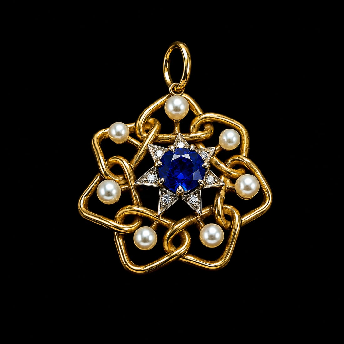 ANTIQUE SAPPHIRE PEARL AND DIAMOND STAR BROOCH: ANTIQUE SAPPHIRE PEARL AND DIAMOND STAR BROOCH,4,2 grams, testing 18 ct. gold.Vibrant sapphire of approx. 1.06 ct.Diamonds bright and lively.Pearls untested.W. 1,3 cm.