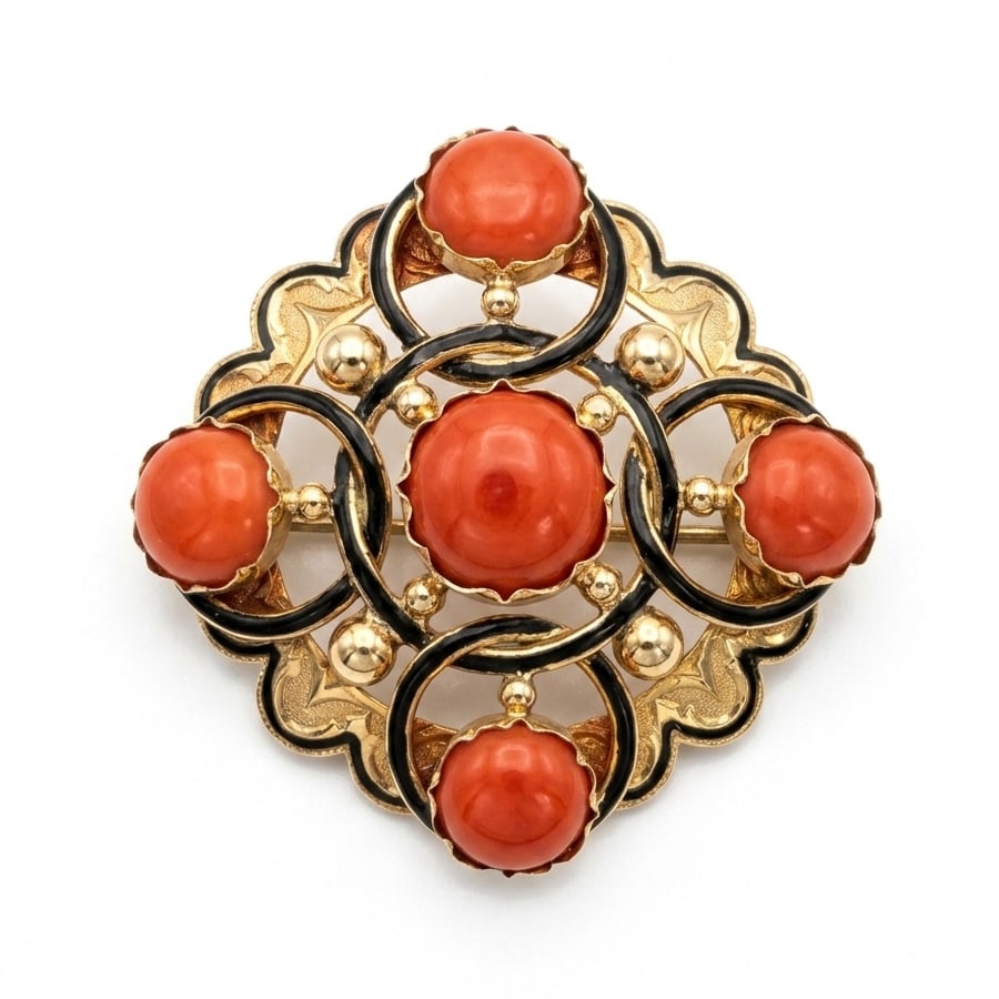 VICTORIAN CORAL AND ENAMEL BROOCH: VICTORIAN CORAL AND ENAMEL BROOCH,14.3 grams, testing high carat gold.Vibrant corals, largest of approx. 11.1 mm.W. 4.3 cm.