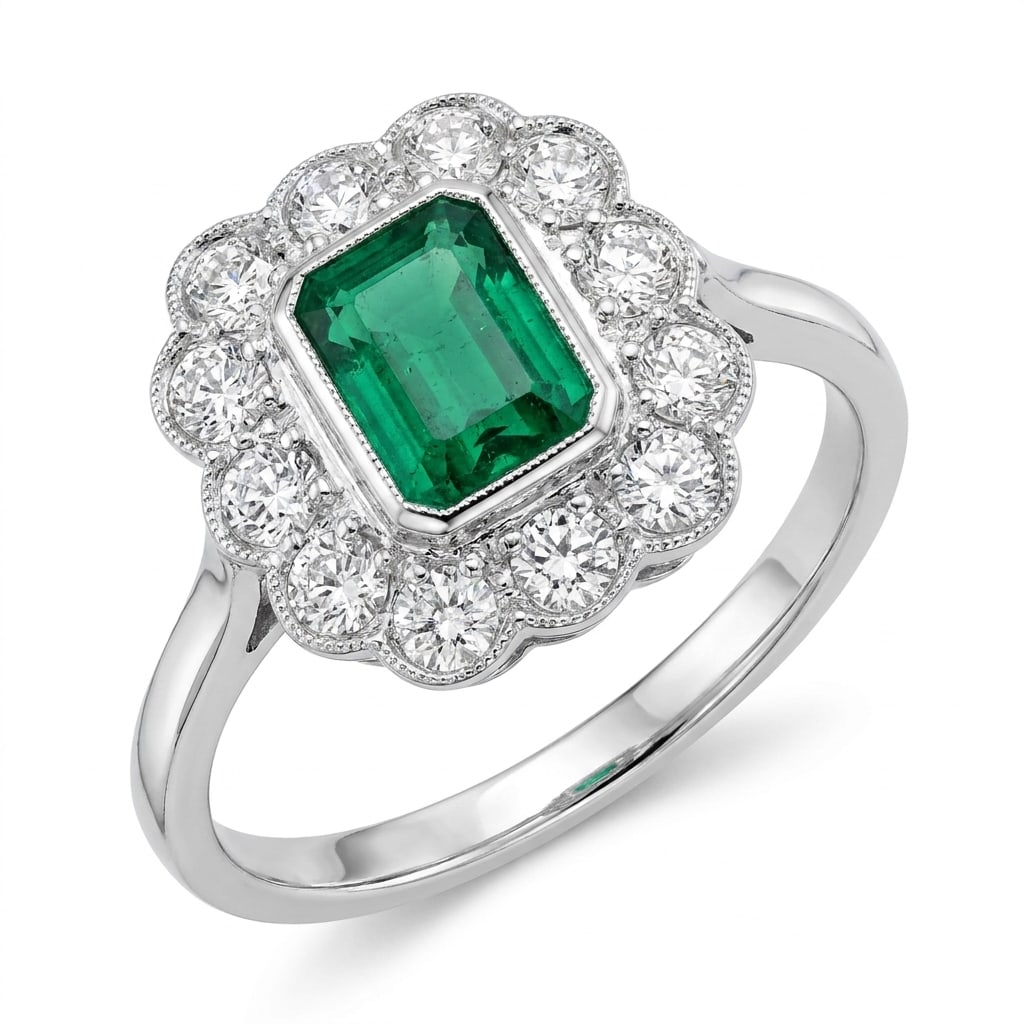 EMERALD AND DIAMOND CLUSTER RING: EMERALD AND DIAMOND CLUSTER RING,3,5 grams, testing platinum.Rich and vibrant emerald of approx. 0.80 ct.Diamonds bright and lively, totalling approx. 0.85 ct.Size L 1/2.