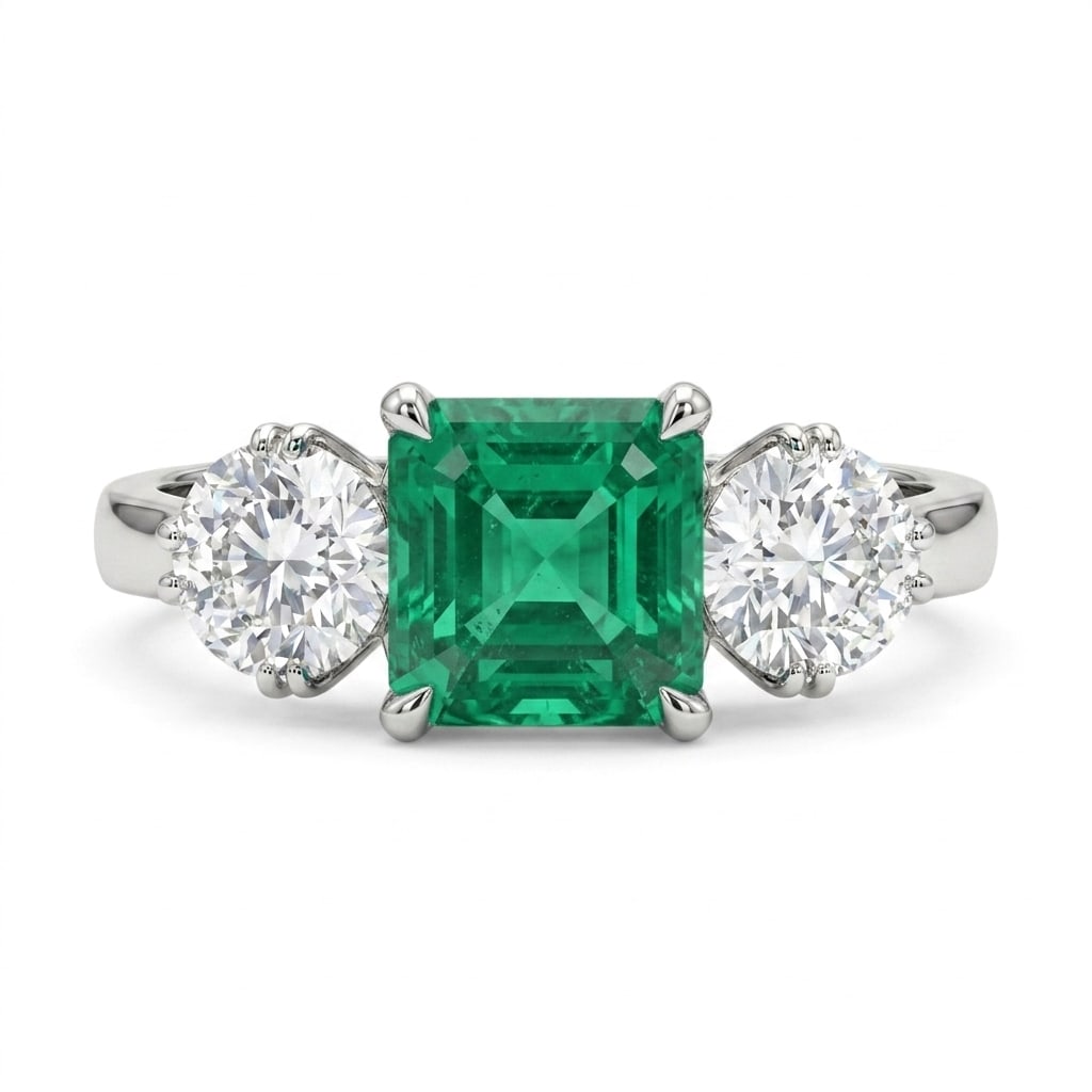 EMERALD AND DIAMOND 3-STONE RING: EMERALD AND DIAMOND 3-STONE RING,Testing high carat gold.Rich and vibrant emerald of approx. 1.60 ct.Diamonds bright and lively, totalling approx. 1.10 ct.Size K 1/2.