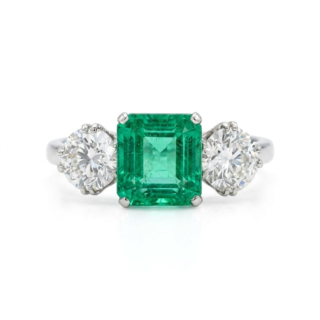 EMERALD AND DIAMOND 3-STONE RING: EMERALD AND DIAMOND 3-STONE RING,Testing high carat gold.Rich and vibrant emerald of approx. 1.60 ct.Diamonds bright and lively, totalling approx. 1.10 ct.Size K 1/2.