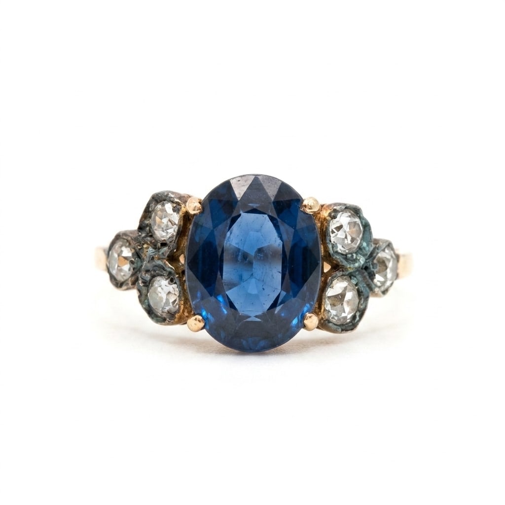 SAPPHIRE AND DIAMOND RING: SAPPHIRE AND DIAMOND RING,testing high carat gold.Rich and vibrant sapphire of approx. 2.31 ct.Diamonds bright and lively.Size Q.