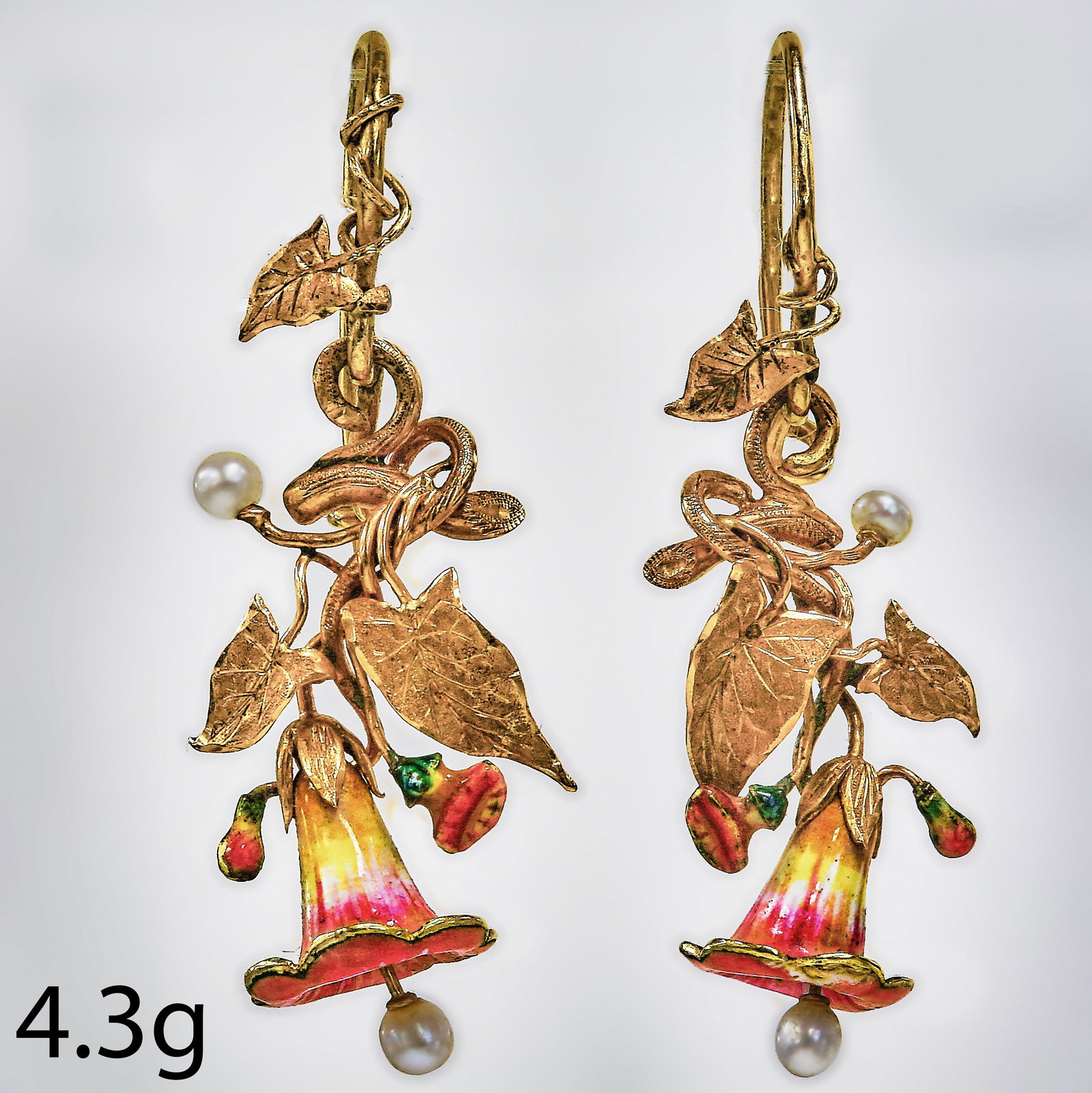 LOVELY AND UNUSUAL PAIR OF VICTORIAN ENAMEL FLORAL EARRINGS (1 of 1)