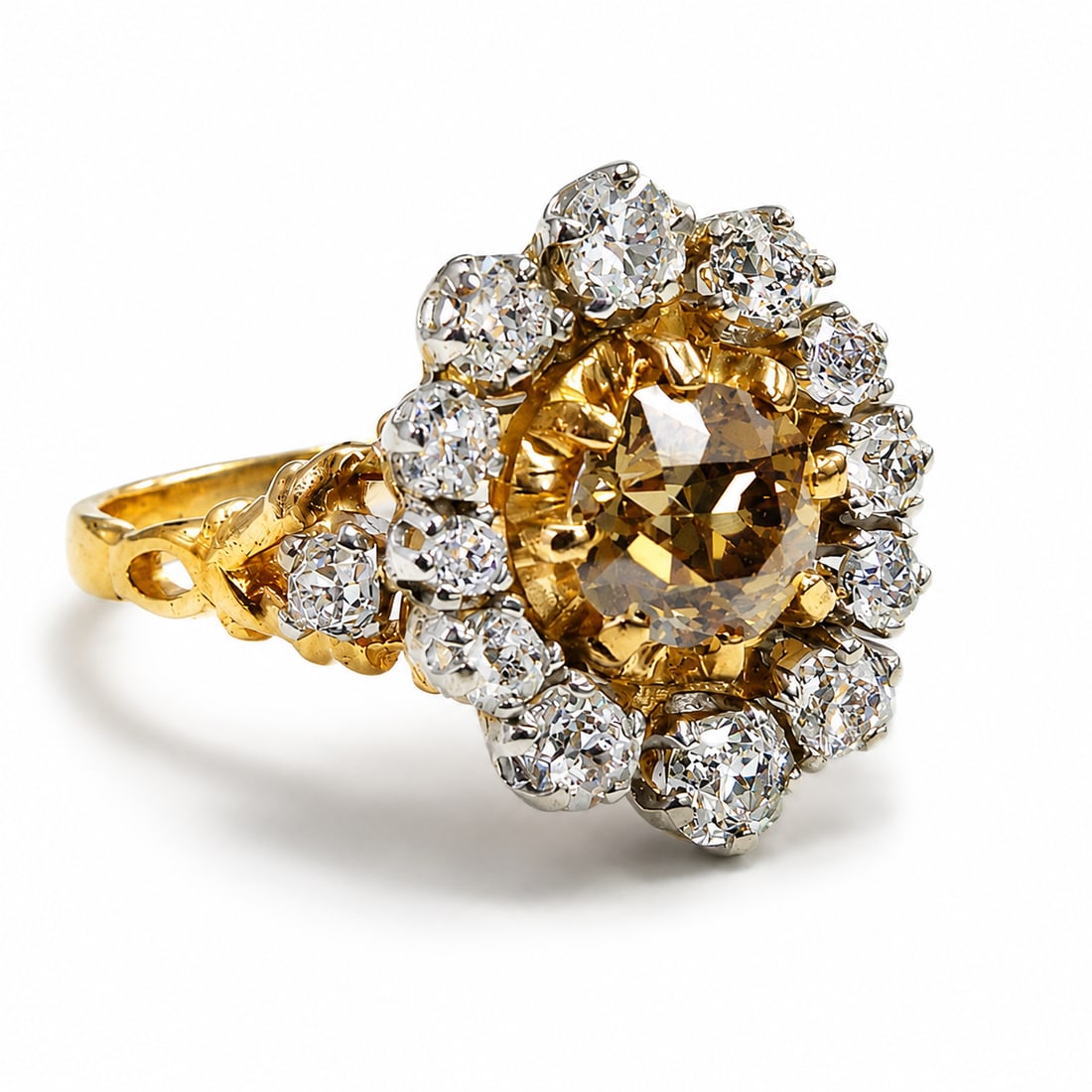 CERTIFICATED FANCY DEEP BROWNISH YELLOW DIAMOND AND WHITE DIAMOND CLUSTER RING: CERTIFICATED FANCY DEEP BROWNISH YELLOW DIAMOND AND WHITE DIAMOND CLUSTER RING,6.4 grams, 18 ct. gold and platinum, French marked.Fancy coloured diamond of approx. 1.05 ct.Surrounded by white diamonds