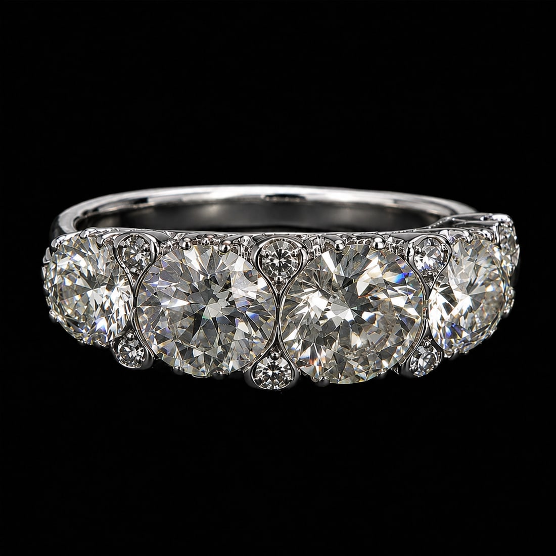 FANTASTIC DIAMOND 5-STONE RING: FANTASTIC DIAMOND 5-STONE RING,5,1 grams, testing platinum.Diamonds bright and lively,The 3 largest diamonds of approx. 1.70 ct. 1.06 ct. and 1.00 ct.Totalling approx. 4.75 ct.Size N.