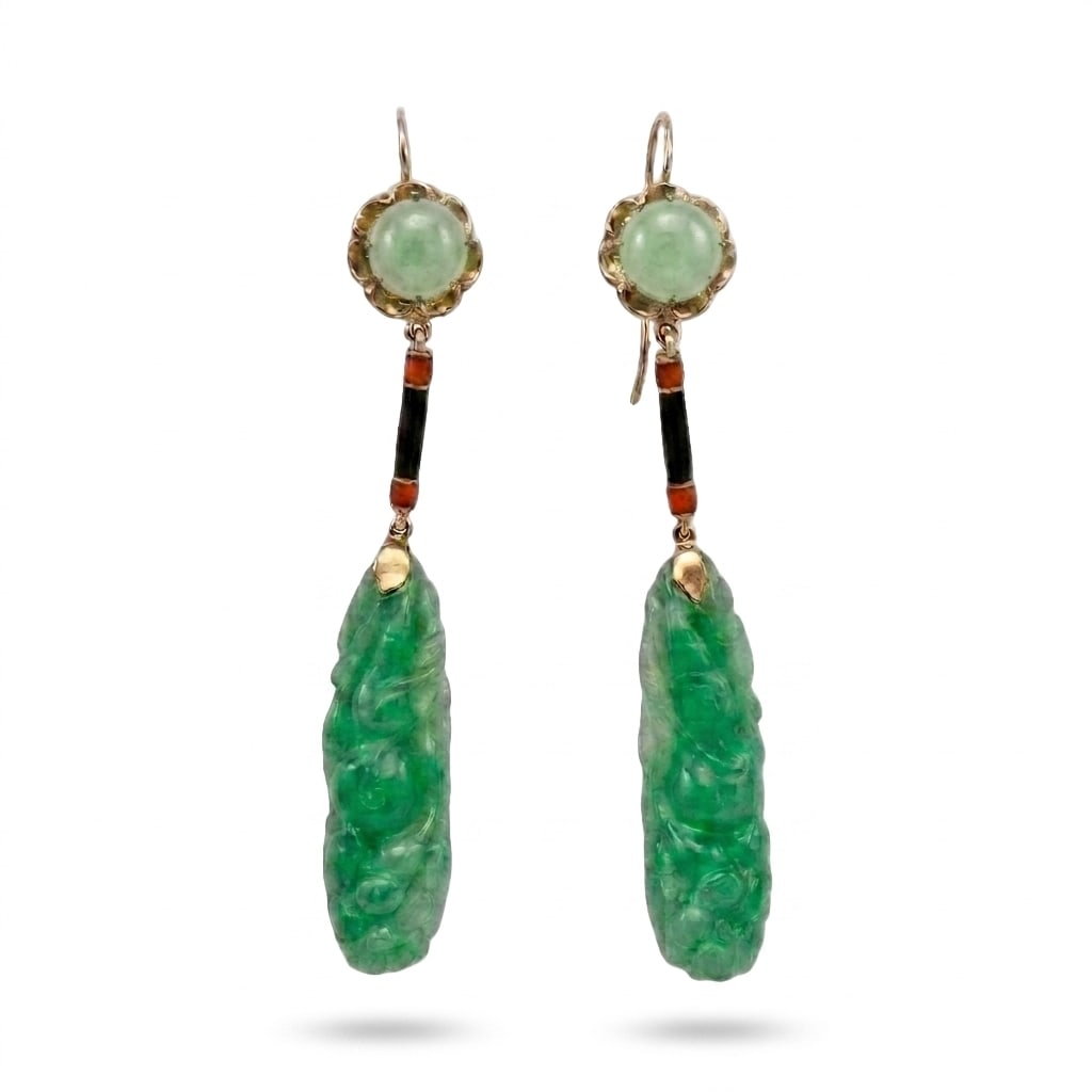 FINE PAIR OF ART-DECO ENAMEL AND JADE DROP EARRINGS: FINE PAIR OF ART-DECO ENAMEL AND JADE DROP EARRINGS,7.7 grams, testing 18 ct. gold.Fine carved jade.Lovely multi colour enamel.