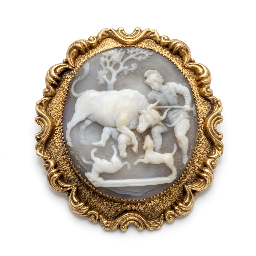 VICTORIAN CAMEO BROOCH, TAUROCTONY: VICTORIAN CAMEO BROOCH, TAUROCTONY,16.4 grams, testing high carat gold.The cameo depicting tauroctony (Mithras killing a bull).L. 5.7 cm.