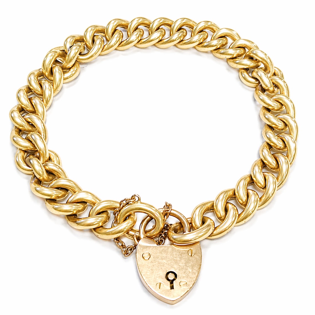 VICTORIAN CURB LINK BRACELET WITH A HEART PADLOCK: VICTORIAN CURB LINK BRACELET WITH A HEART PADLOCK 25.4 grams 15 ct in great condition L 20 cm