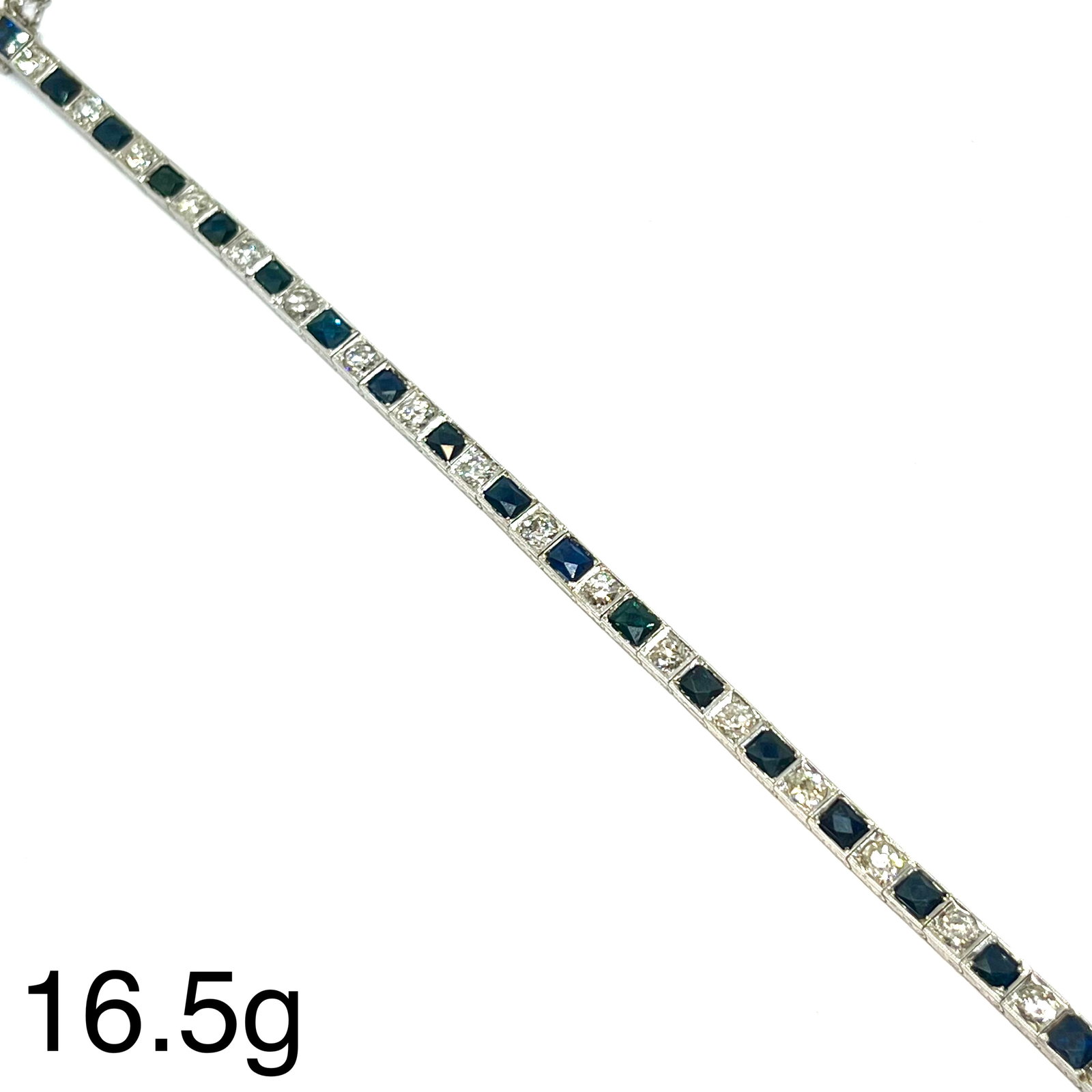 ART DECO SAPPHIRE AND DIAMOND BRACELET: ART DECO SAPPHIRE AND DIAMOND BRACELET 16 5 grams platinum rich vibrant sapphires approx. 12.15 ct. bright lively old cut diamonds approx. 3.80 ct. L 18.5 cm