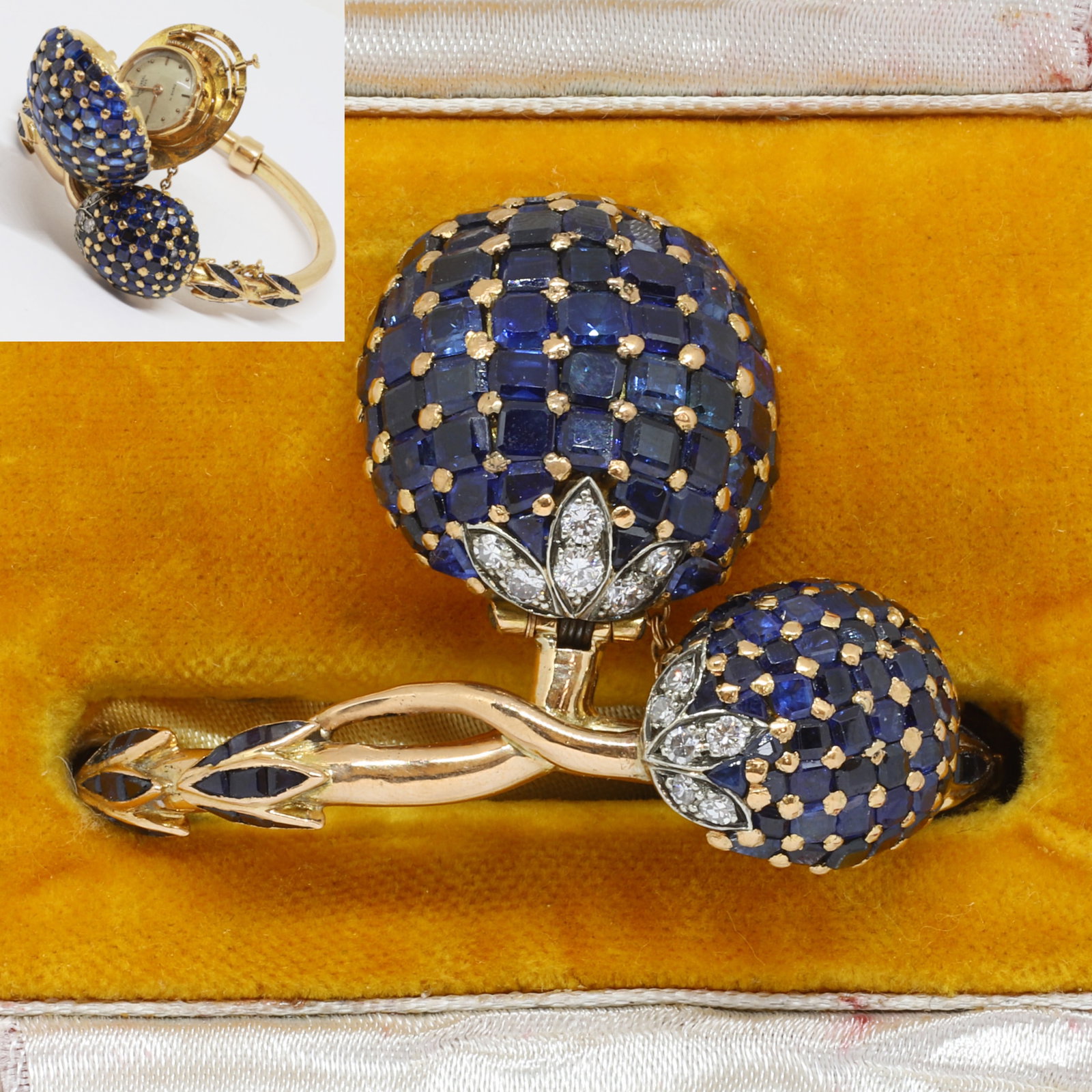 MAGNIFICENT VINTAGE SAPPHIRE AND DIAMOND WATCH BANGLE: MAGNIFICENT VINTAGE SAPPHIRE AND DIAMOND WATCH BANGLE47.4 grams 18 ct with deep blue matching sapphires approx 22 ct lively diamonds the watch concealed by the larger hinged sapphire form, by Universa