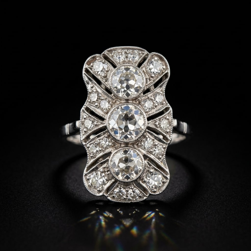 ART-DECO DIAMOND RING: ART-DECO DIAMOND RING,3.9 grams, testing platinum.Bright and lively diamonds, totalling approx. 1.10 ct.Size J 1/2.