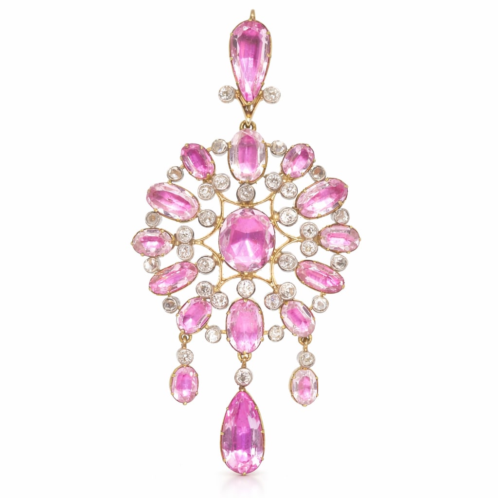 ELEGANT GEORGIAN CERTIFICATED NATURAL PINK TOPAZ AND DIAMOND GOLD PENDANT: ELEGANT GEORGIAN CERTIFICATED NATURAL PINK TOPAZ AND DIAMOND GOLD PENDANT 14.3 grams set with vibrant natural topaz with no abrasions lively diamonds L 6.9 cm W 3 cm for certificated details, see phot